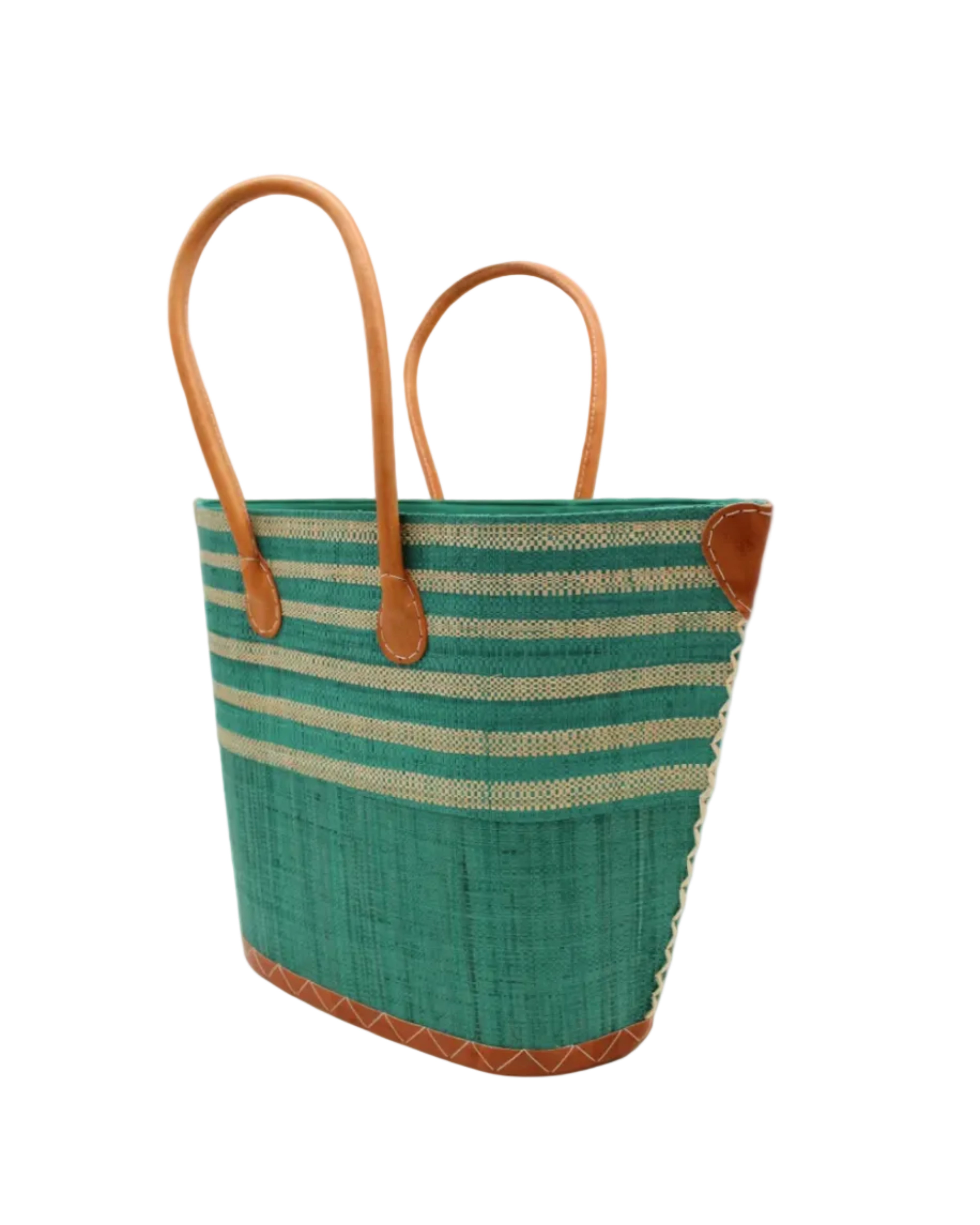 Side view Santa Cruz Teal & Natural Two Tone Wide Stripe Small Straw Tote Bag handmade loomed natural raffia palm fiber in a two tone color block pattern of solid Teal dark/blue/green on the bottom half of the bag and two tone even width horizontal stripes of teal and natural straw color on the top half of the bag with leather handles and details beach bag handbag purse - Shebobo