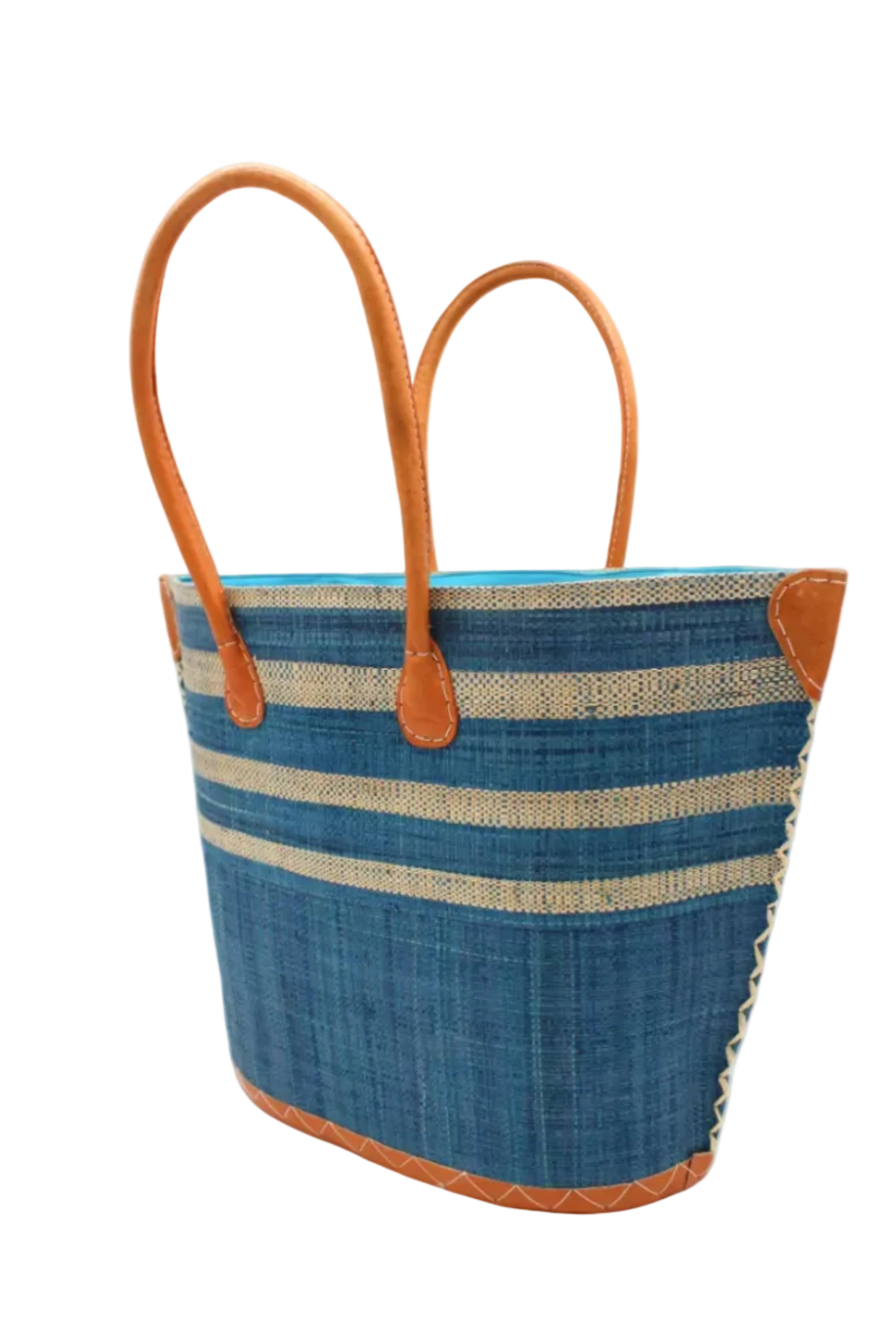 Side view Santa Cruz Turquoise & Natural Two Tone Wide Stripe Small Straw Tote Bag handmade loomed natural raffia palm fiber in a two tone color block pattern of solid turquoise dark/blue/green on the bottom half of the bag and two tone even width horizontal stripes of turquoise and natural straw color on the top half of the bag with leather handles and details beach bag handbag purse - Shebobo