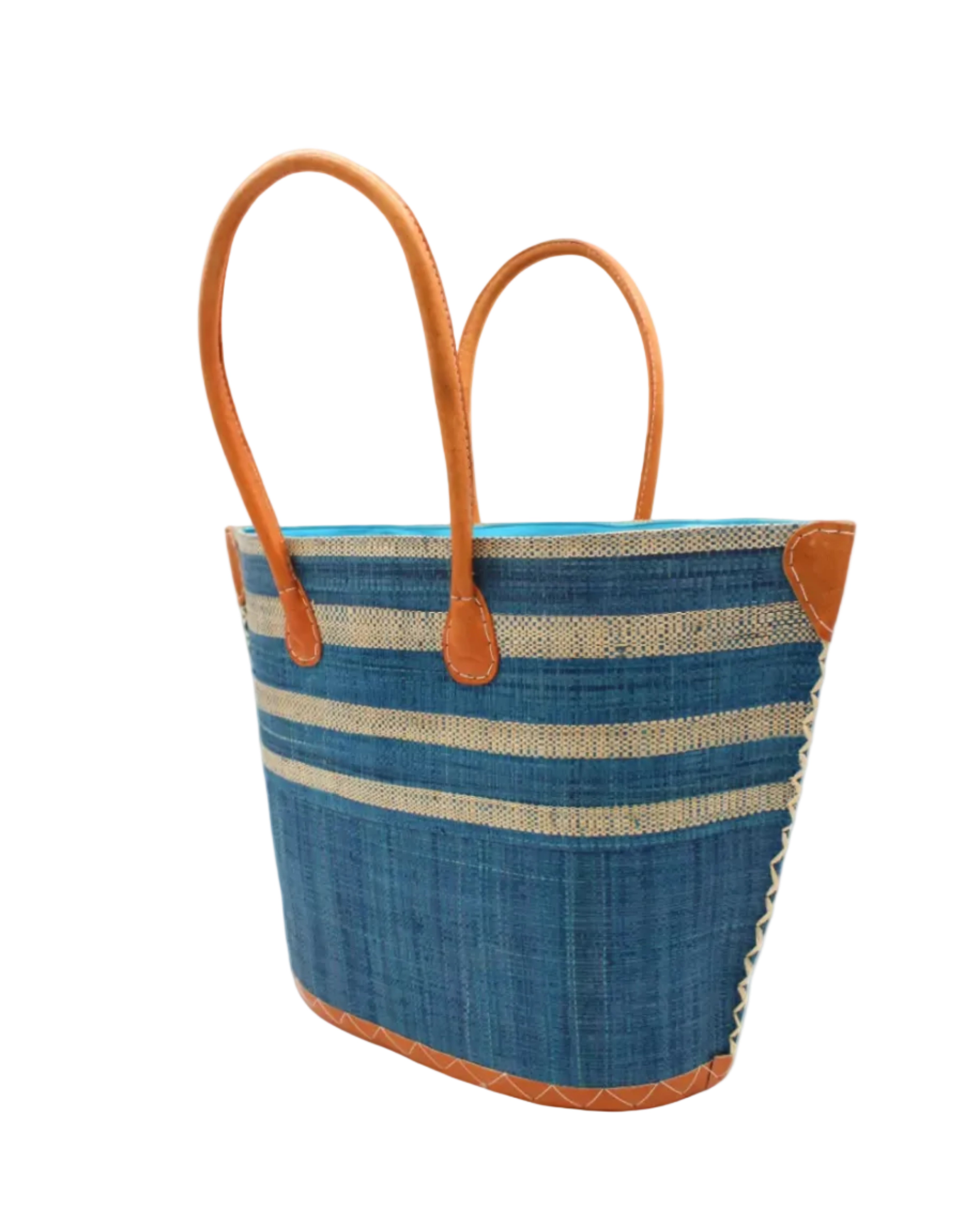 Side view Santa Cruz Turquoise & Natural Two Tone Wide Stripe Small Straw Tote Bag handmade loomed natural raffia palm fiber in a two tone color block pattern of solid turquoise dark/blue/green on the bottom half of the bag and two tone even width horizontal stripes of turquoise and natural straw color on the top half of the bag with leather handles and details beach bag handbag purse - Shebobo