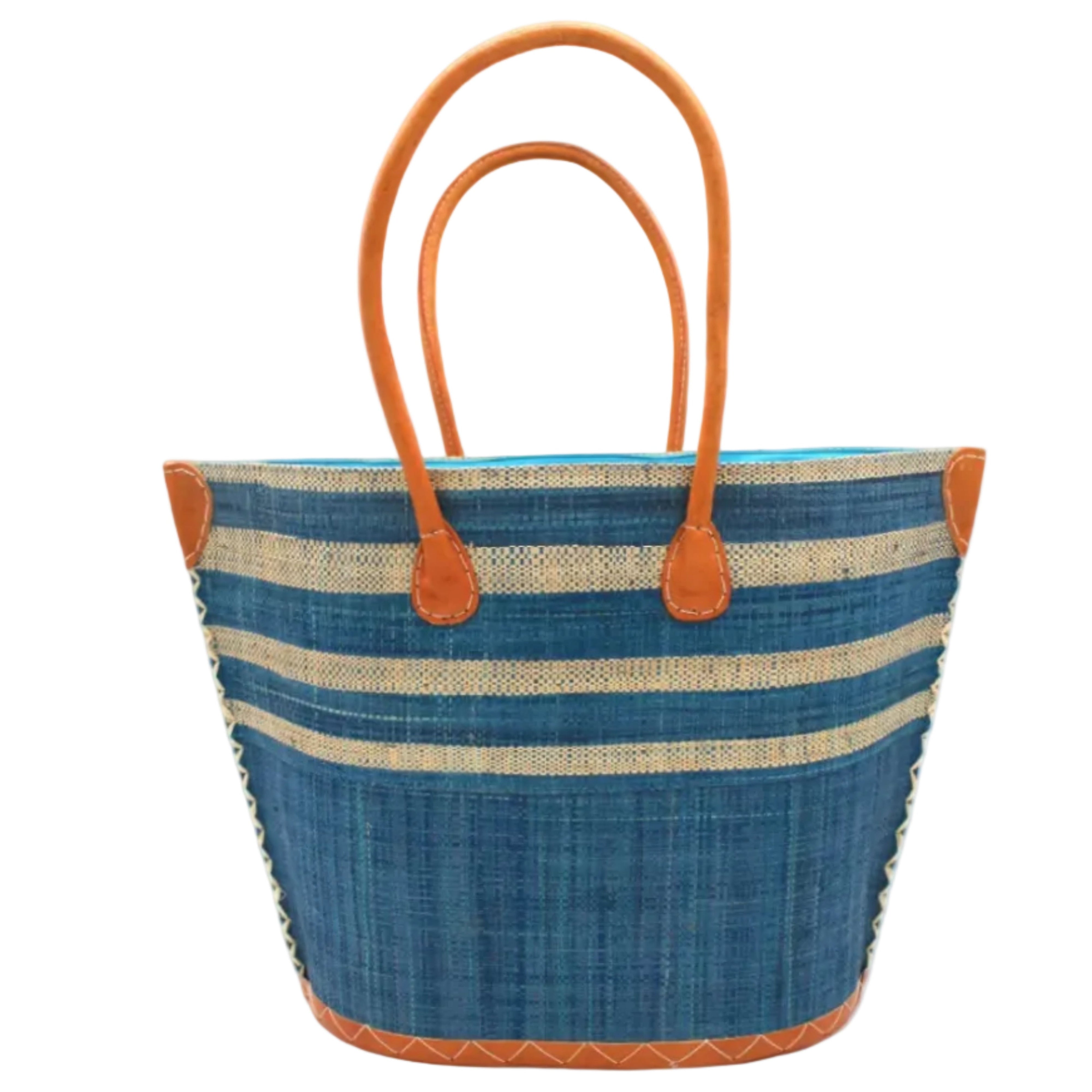Santa Cruz Turquoise & Natural Two Tone Wide Stripe Small Straw Tote Bag handmade loomed natural raffia palm fiber in a two tone color block pattern of solid turquoise dark/blue/green on the bottom half of the bag and two tone even width horizontal stripes of turquoise and natural straw color on the top half of the bag with leather handles and details beach bag handbag purse - Shebobo