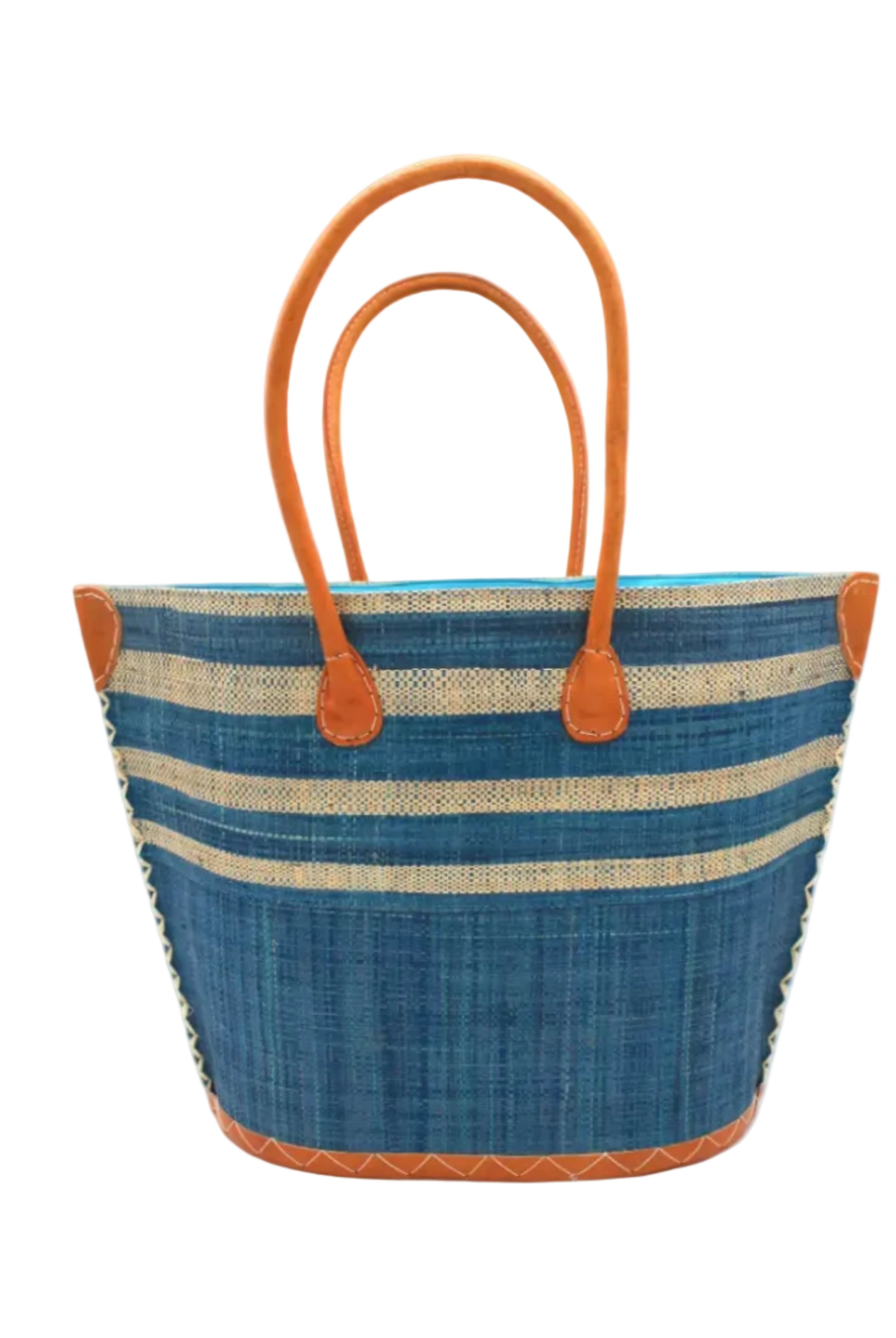 Santa Cruz Turquoise & Natural Two Tone Wide Stripe Small Straw Tote Bag handmade loomed natural raffia palm fiber in a two tone color block pattern of solid turquoise dark/blue/green on the bottom half of the bag and two tone even width horizontal stripes of turquoise and natural straw color on the top half of the bag with leather handles and details beach bag handbag purse - Shebobo