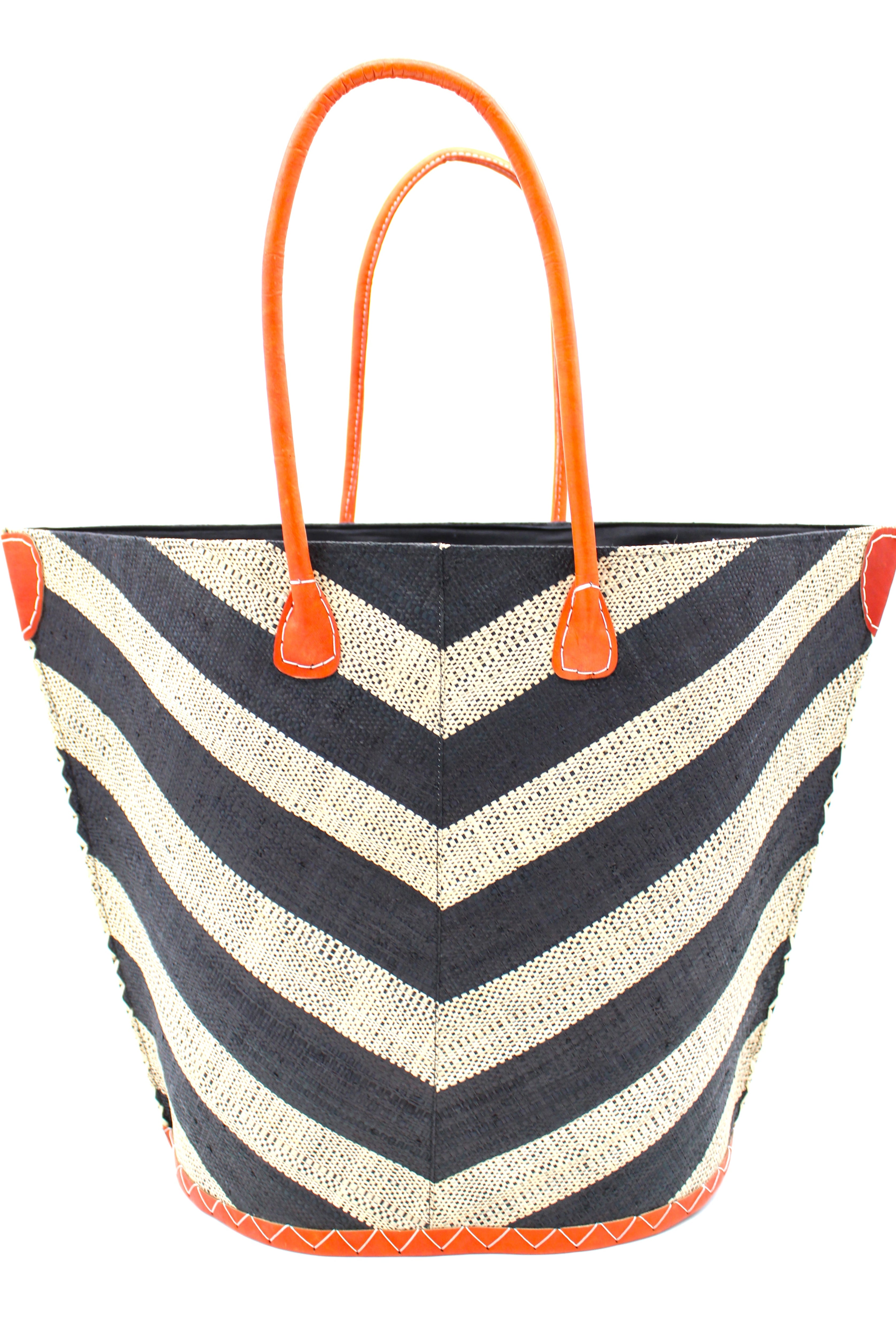 Santa Cruz Wide Stripe Chevron Large Straw Tote Bag handmade loomed raffia palm fiber in a two tone diagonal even width bands of color in a wide stripe chevron pattern of black and natural straw color on the front and a matching solid hue on the back with leather accents and handles large shoulder bag - Shebobo