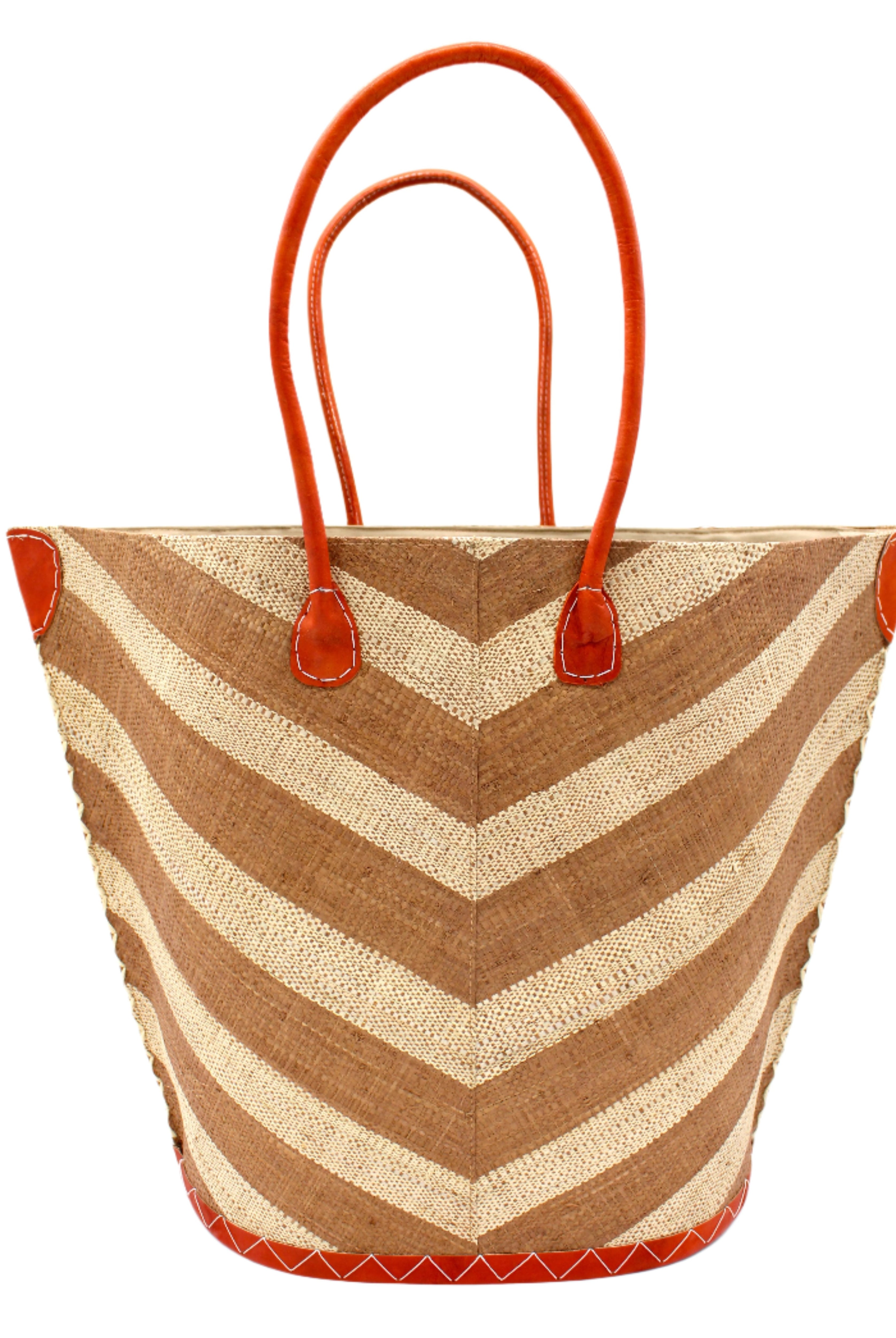 Santa Cruz Wide Stripe Chevron Large Straw Tote Bag handmade loomed raffia palm fiber in a two tone diagonal even width bands of color in a wide stripe chevron pattern of cappuccino/light brown/beige and natural straw color on the front and a matching solid hue on the back with leather accents and handles large shoulder bag - Shebobo