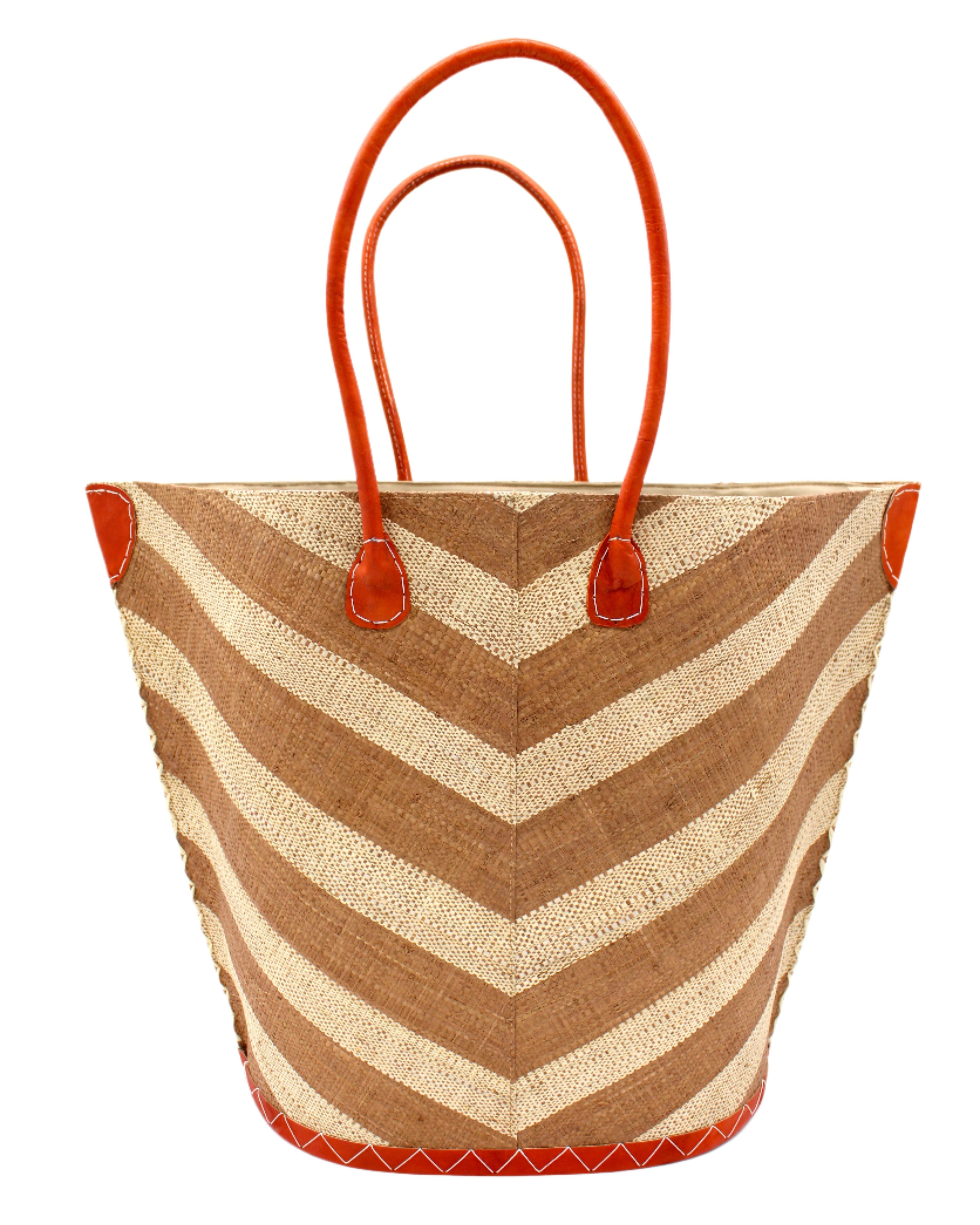 Santa Cruz Wide Stripe Chevron Large Straw Tote Bag handmade loomed raffia palm fiber in a two tone diagonal even width bands of color in a wide stripe chevron pattern of cappuccino/light brown/beige and natural straw color on the front and a matching solid hue on the back with leather accents and handles large shoulder bag - Shebobo