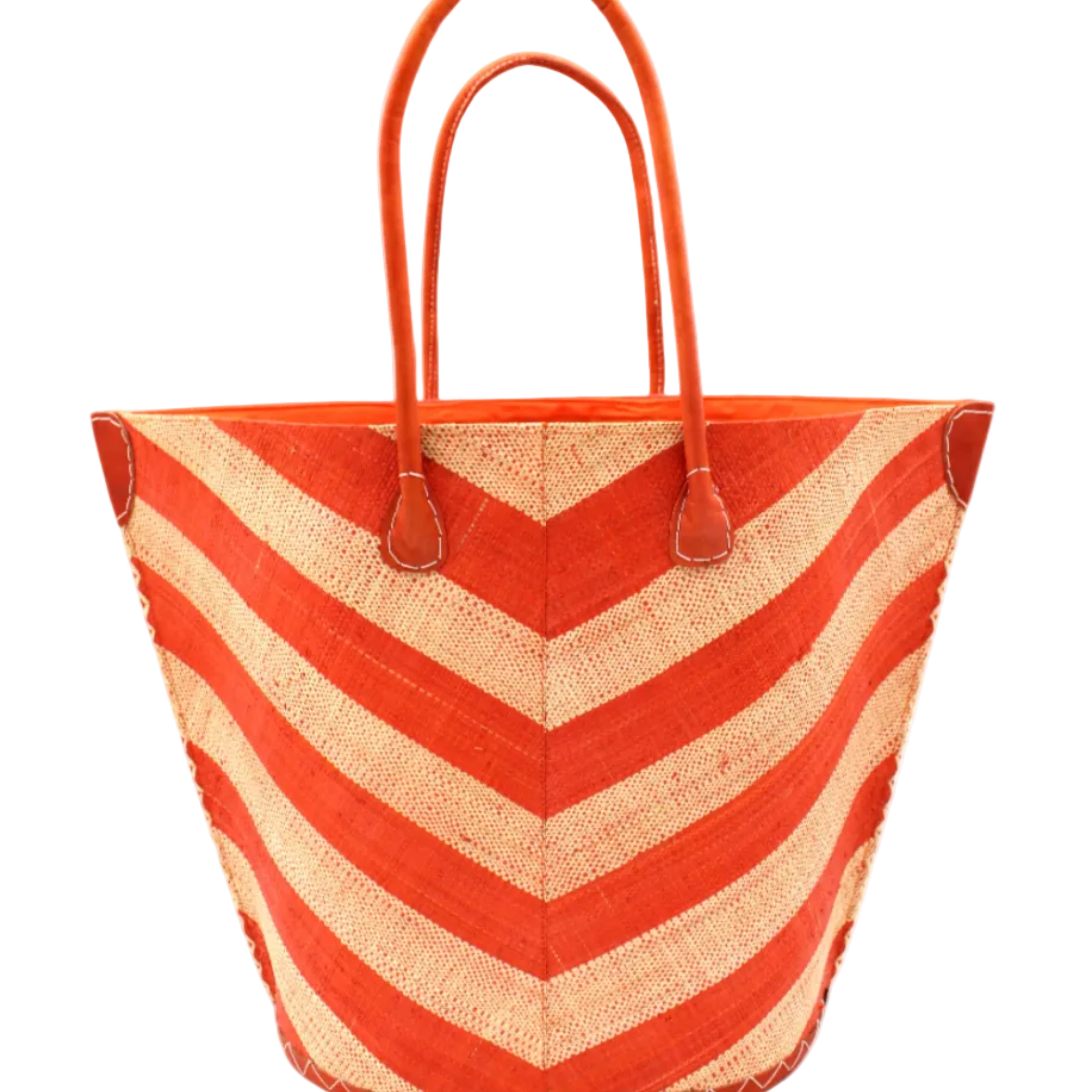 Santa Cruz Wide Stripe Chevron Large Straw Tote Bag handmade loomed raffia palm fiber in a two tone diagonal even width bands of color in a wide stripe chevron pattern of coral orange/red and natural straw color on the front and a matching solid hue on the back with leather accents and handles large shoulder bag - Shebobo