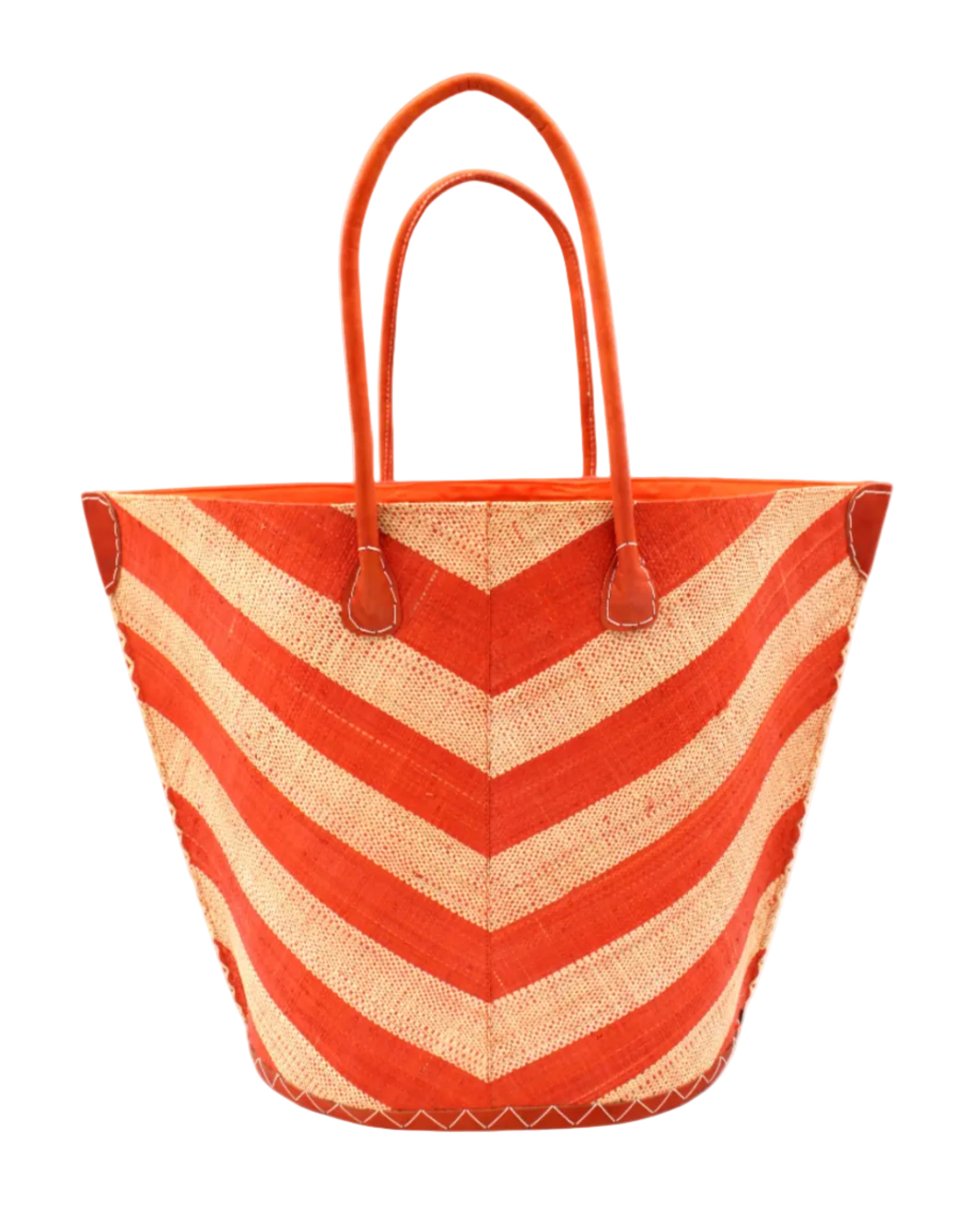 Santa Cruz Wide Stripe Chevron Large Straw Tote Bag handmade loomed raffia palm fiber in a two tone diagonal even width bands of color in a wide stripe chevron pattern of coral orange/red and natural straw color on the front and a matching solid hue on the back with leather accents and handles large shoulder bag - Shebobo