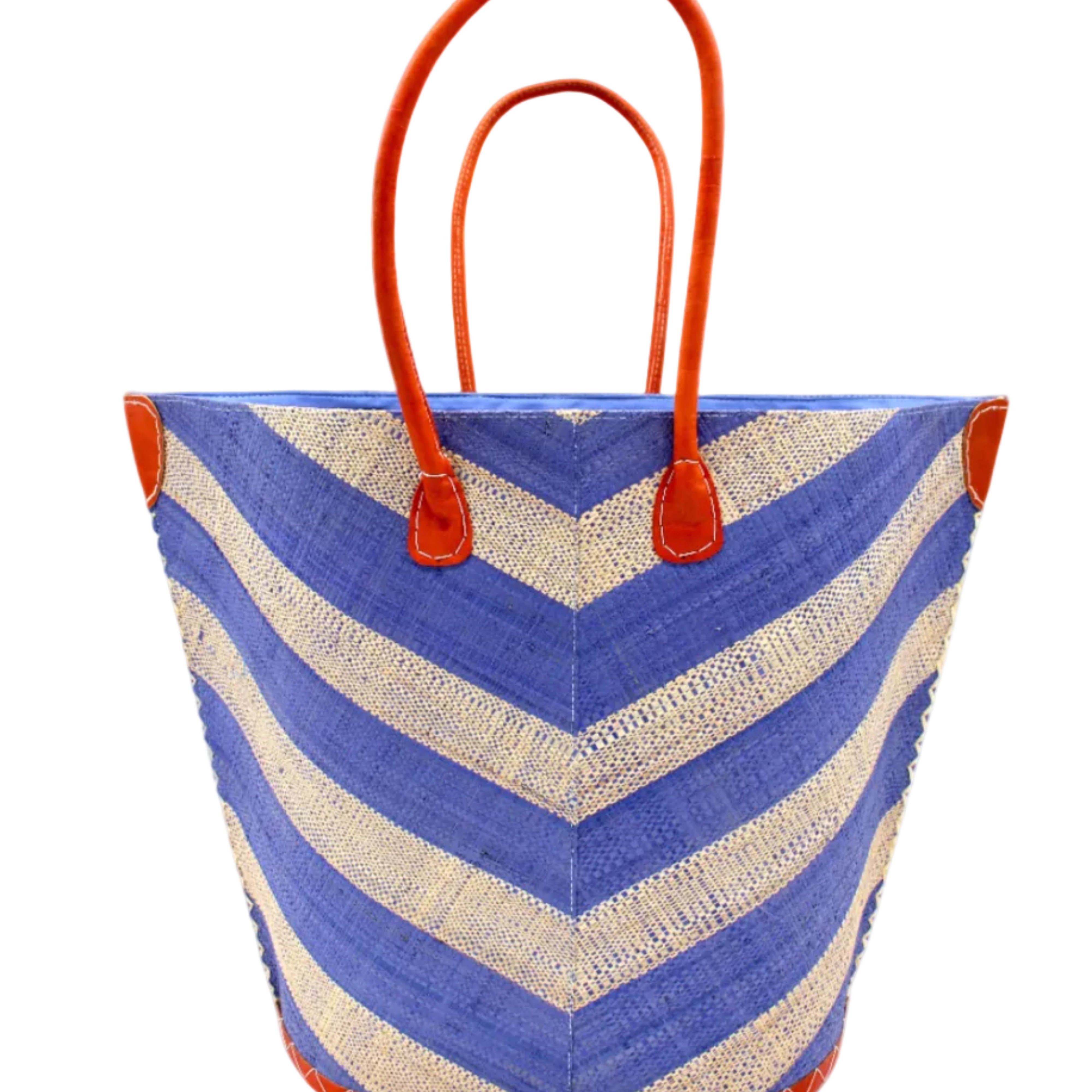 Santa Cruz Wide Stripe Chevron Large Straw Tote Bag handmade loomed raffia palm fiber in a two tone diagonal even width bands of color in a wide stripe chevron pattern of light denim/retro blue and natural straw color on the front and a matching solid hue on the back with leather accents and handles large shoulder bag - Shebobo