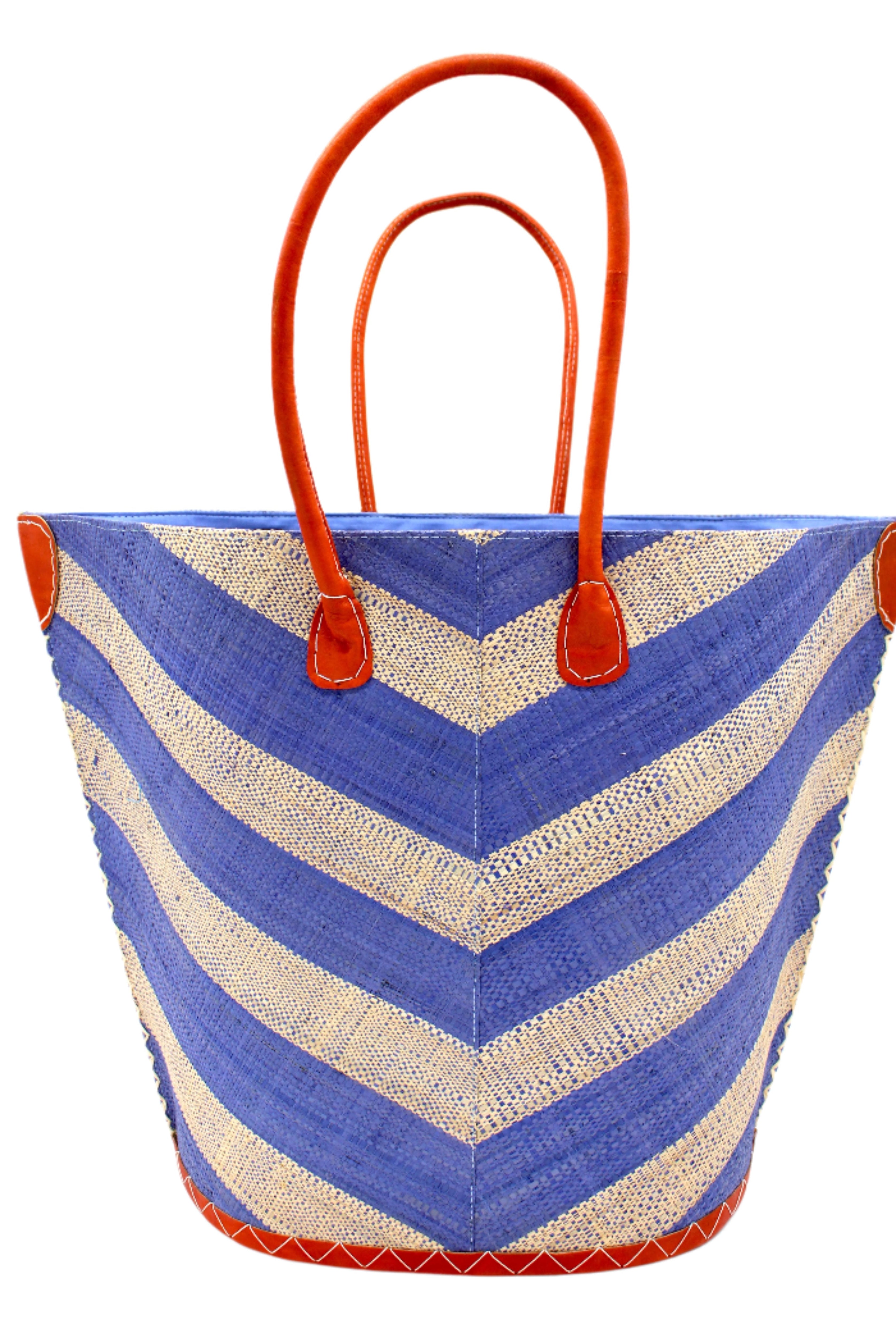 Santa Cruz Wide Stripe Chevron Large Straw Tote Bag handmade loomed raffia palm fiber in a two tone diagonal even width bands of color in a wide stripe chevron pattern of light denim/retro blue and natural straw color on the front and a matching solid hue on the back with leather accents and handles large shoulder bag - Shebobo