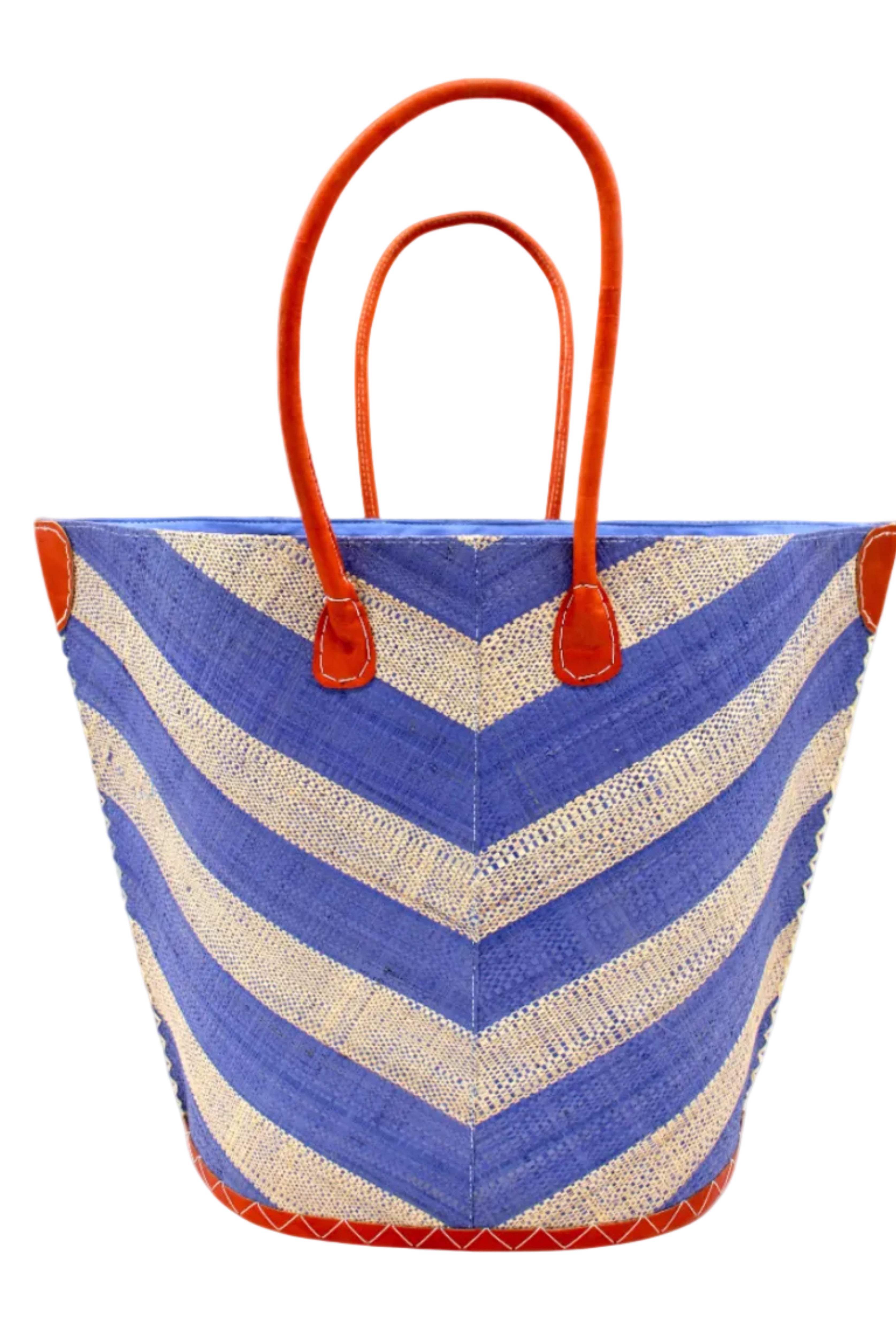 Santa Cruz Wide Stripe Chevron Large Straw Tote Bag handmade loomed raffia palm fiber in a two tone diagonal even width bands of color in a wide stripe chevron pattern of light denim/retro blue and natural straw color on the front and a matching solid hue on the back with leather accents and handles large shoulder bag - Shebobo