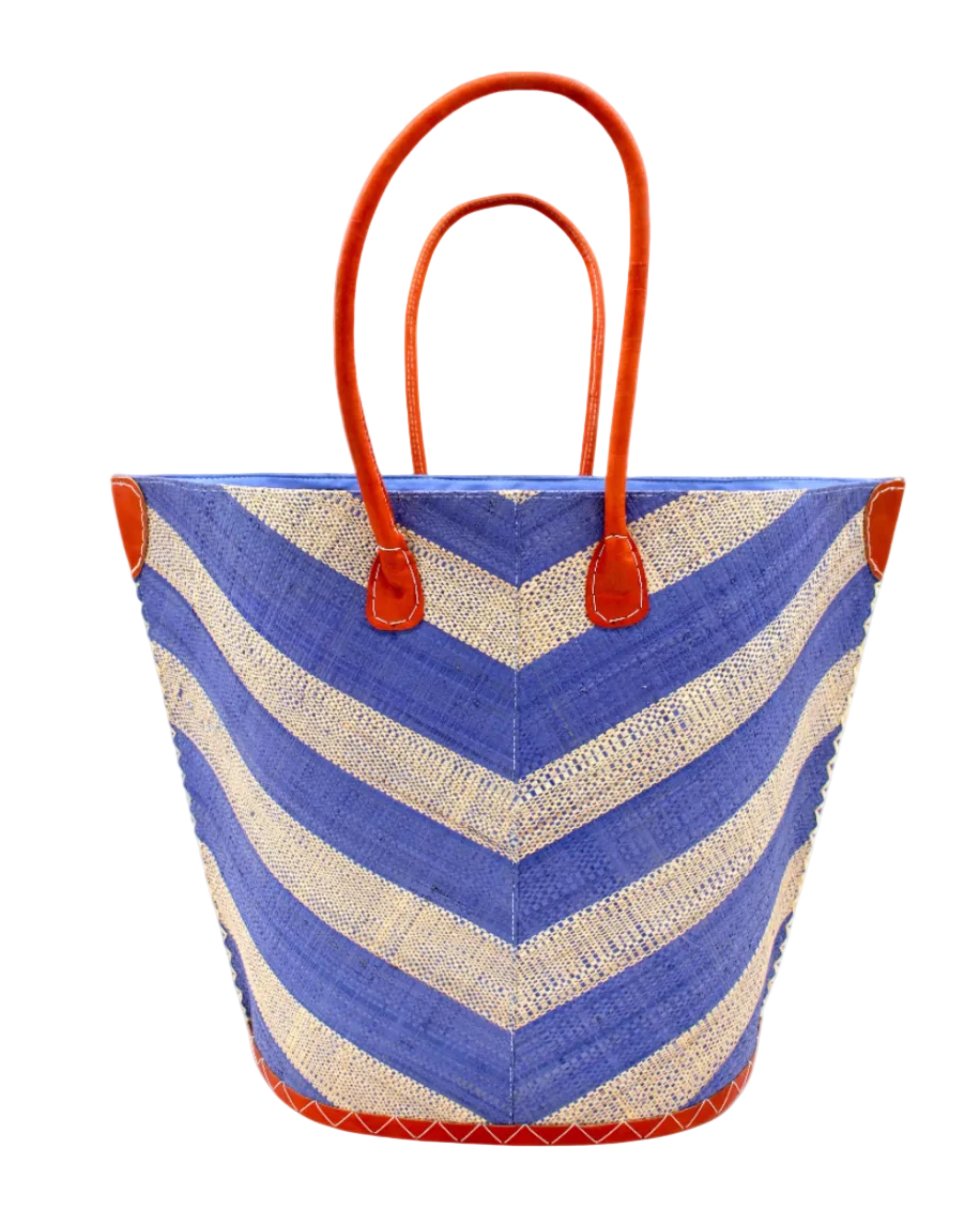 Santa Cruz Wide Stripe Chevron Large Straw Tote Bag handmade loomed raffia palm fiber in a two tone diagonal even width bands of color in a wide stripe chevron pattern of light denim/retro blue and natural straw color on the front and a matching solid hue on the back with leather accents and handles large shoulder bag - Shebobo