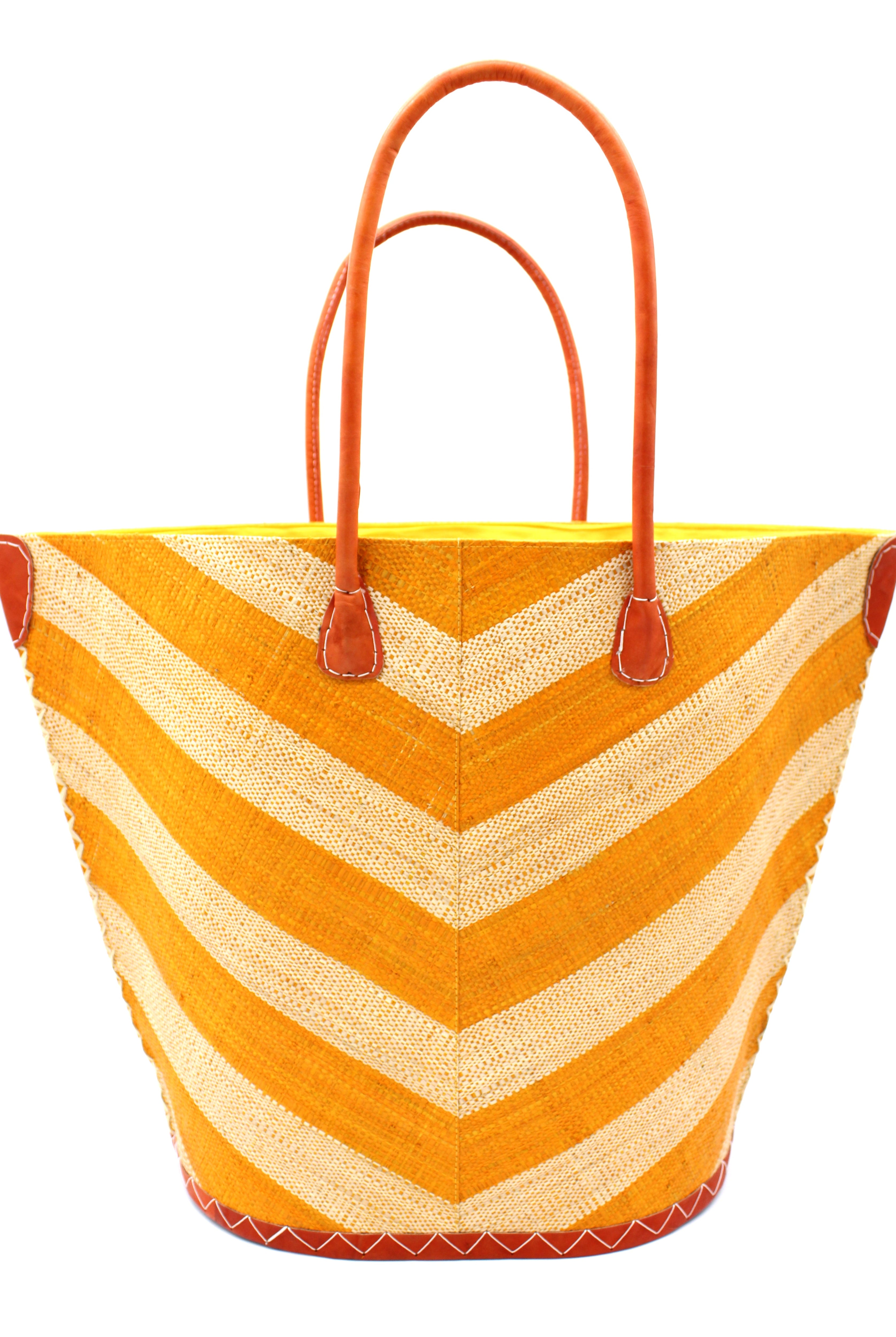 Santa Cruz Wide Stripe Chevron Large Straw Tote Bag handmade loomed raffia palm fiber in a two tone diagonal even width bands of color in a wide stripe chevron pattern of saffron orange/yellow and natural straw color on the front and a matching solid hue on the back with leather accents and handles large shoulder bag - Shebobo