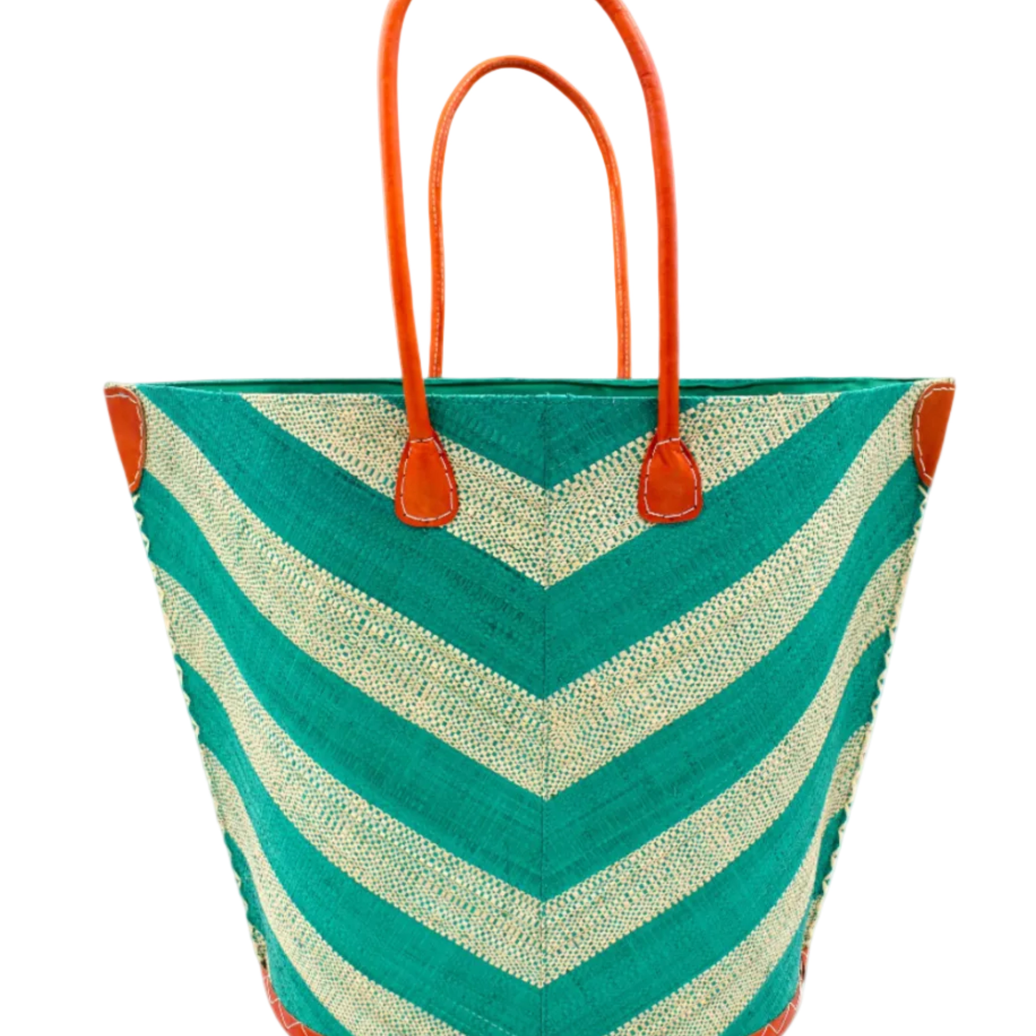 Santa Cruz Wide Stripe Chevron Large Straw Tote Bag handmade loomed raffia palm fiber in a two tone diagonal even width bands of color in a wide stripe chevron pattern of teal green/blue and natural straw color on the front and a matching solid hue on the back with leather accents and handles large shoulder bag - Shebobo