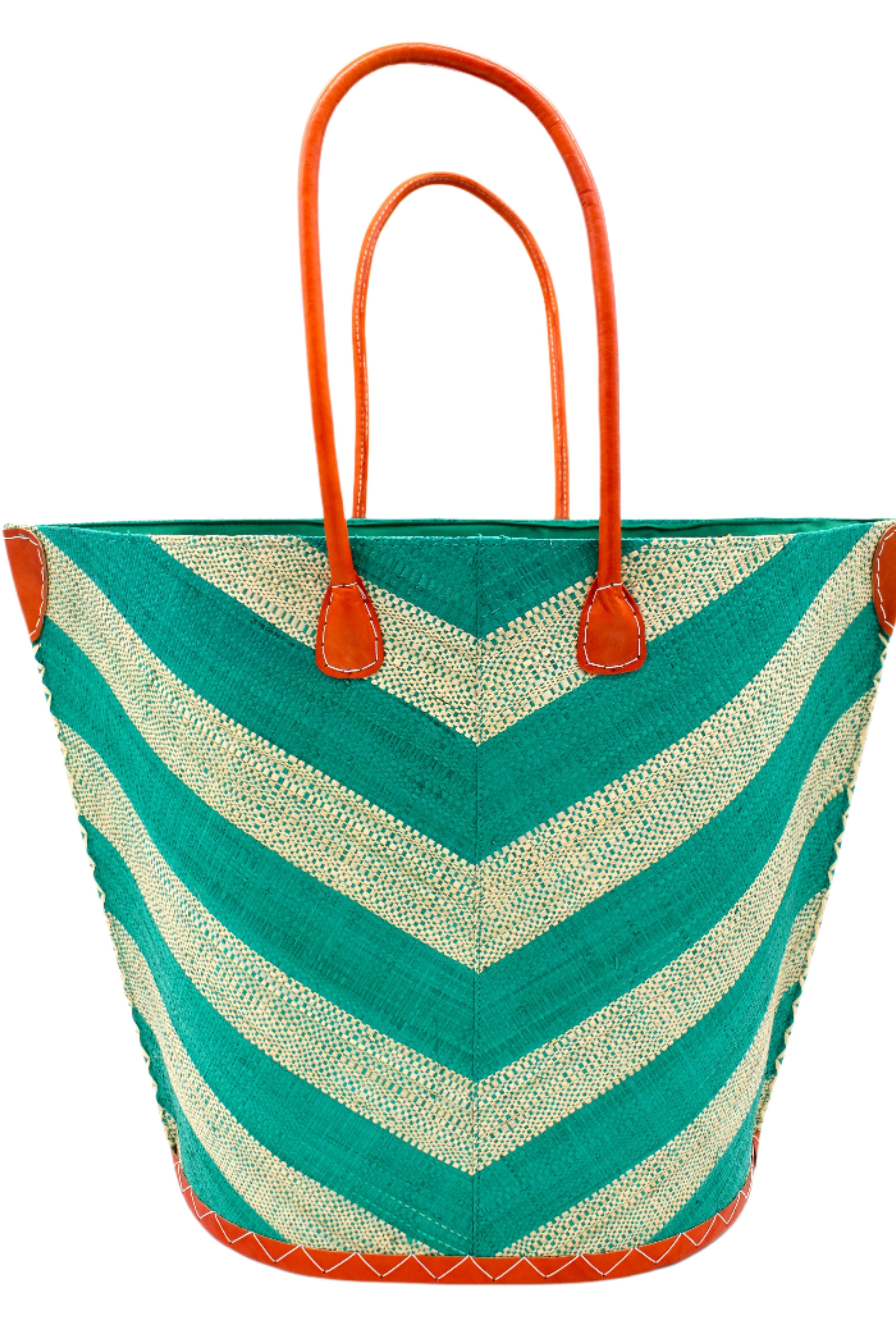 Santa Cruz Wide Stripe Chevron Large Straw Tote Bag handmade loomed raffia palm fiber in a two tone diagonal even width bands of color in a wide stripe chevron pattern of teal green/blue and natural straw color on the front and a matching solid hue on the back with leather accents and handles large shoulder bag - Shebobo