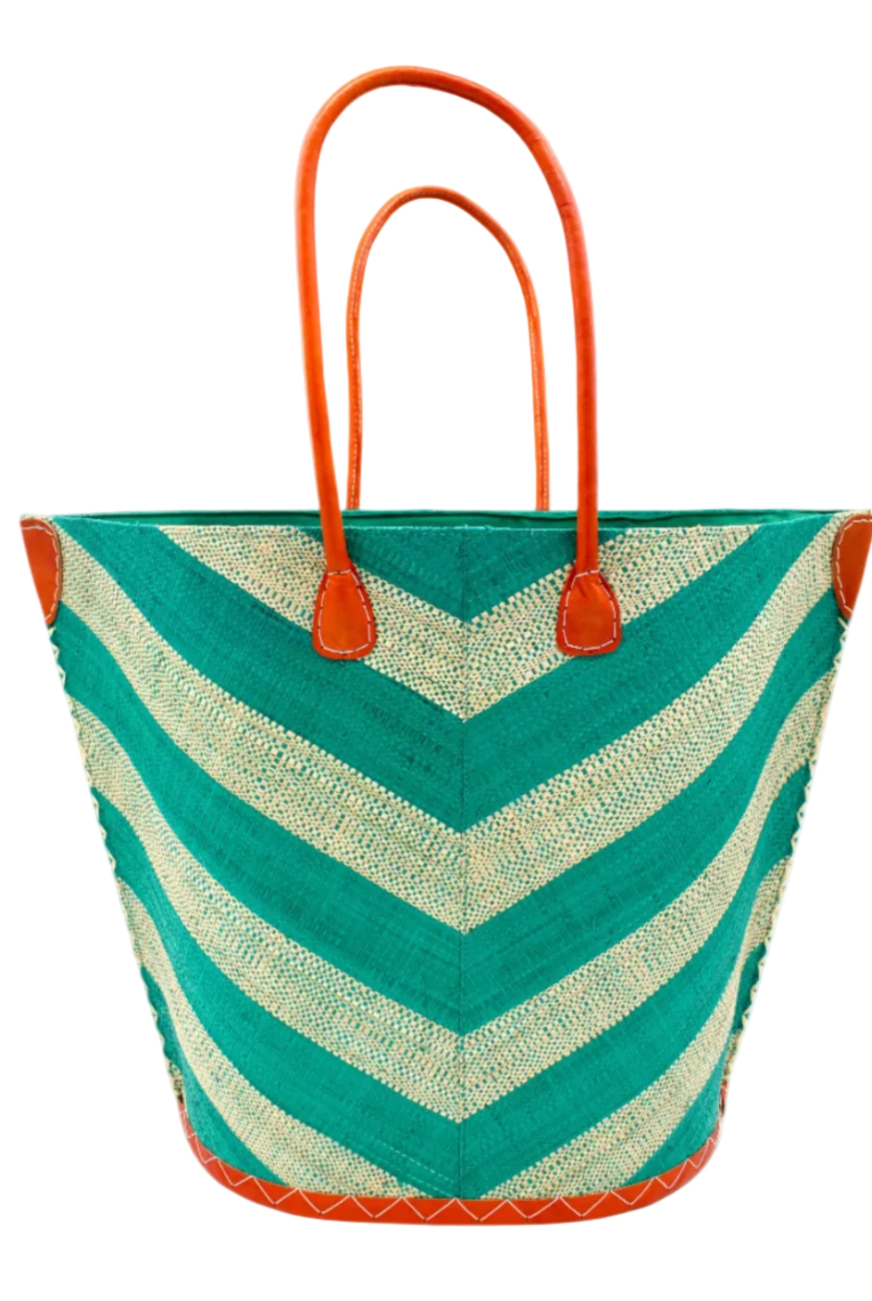 Santa Cruz Wide Stripe Chevron Large Straw Tote Bag handmade loomed raffia palm fiber in a two tone diagonal even width bands of color in a wide stripe chevron pattern of teal green/blue and natural straw color on the front and a matching solid hue on the back with leather accents and handles large shoulder bag - Shebobo