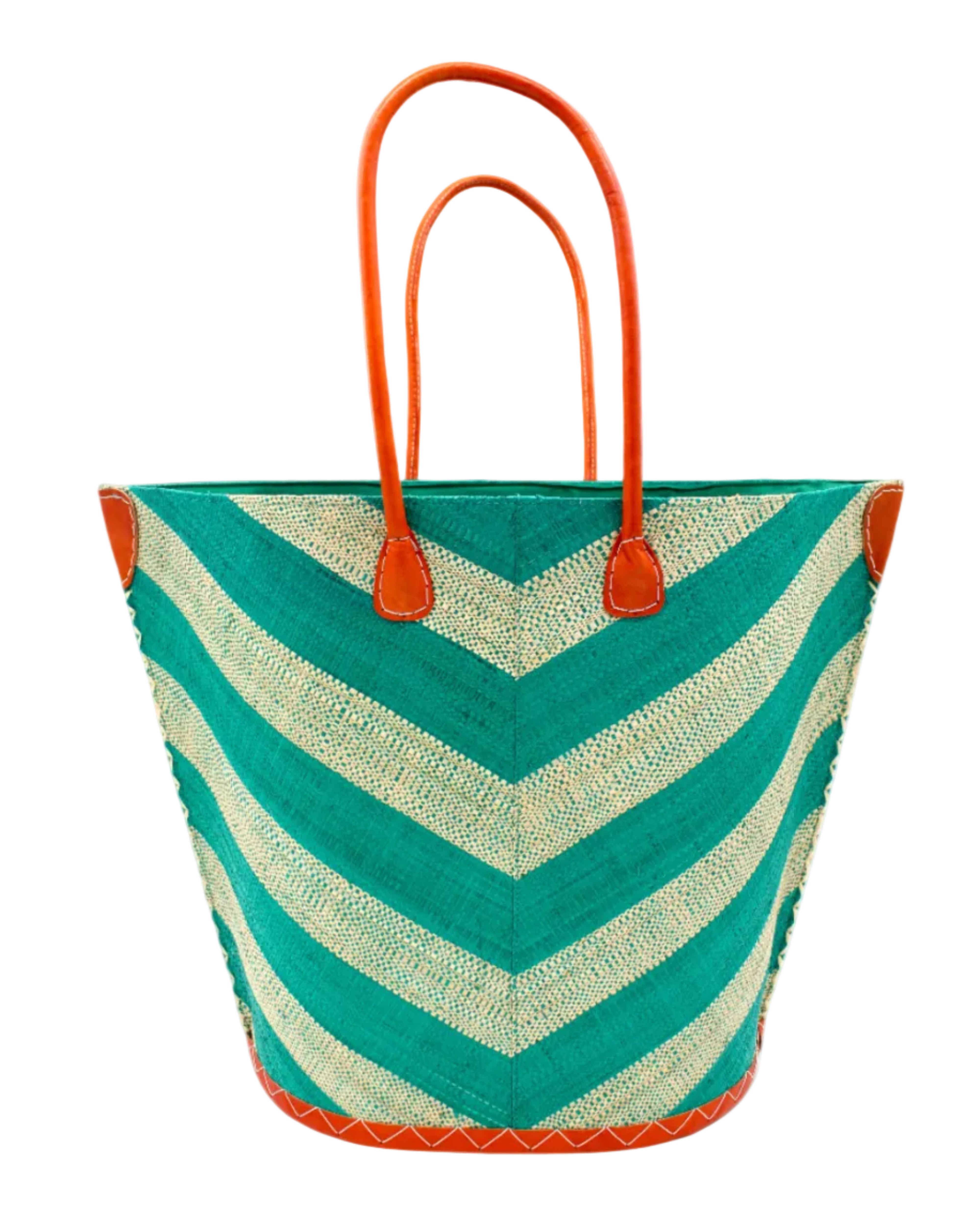 Santa Cruz Wide Stripe Chevron Large Straw Tote Bag handmade loomed raffia palm fiber in a two tone diagonal even width bands of color in a wide stripe chevron pattern of teal green/blue and natural straw color on the front and a matching solid hue on the back with leather accents and handles large shoulder bag - Shebobo