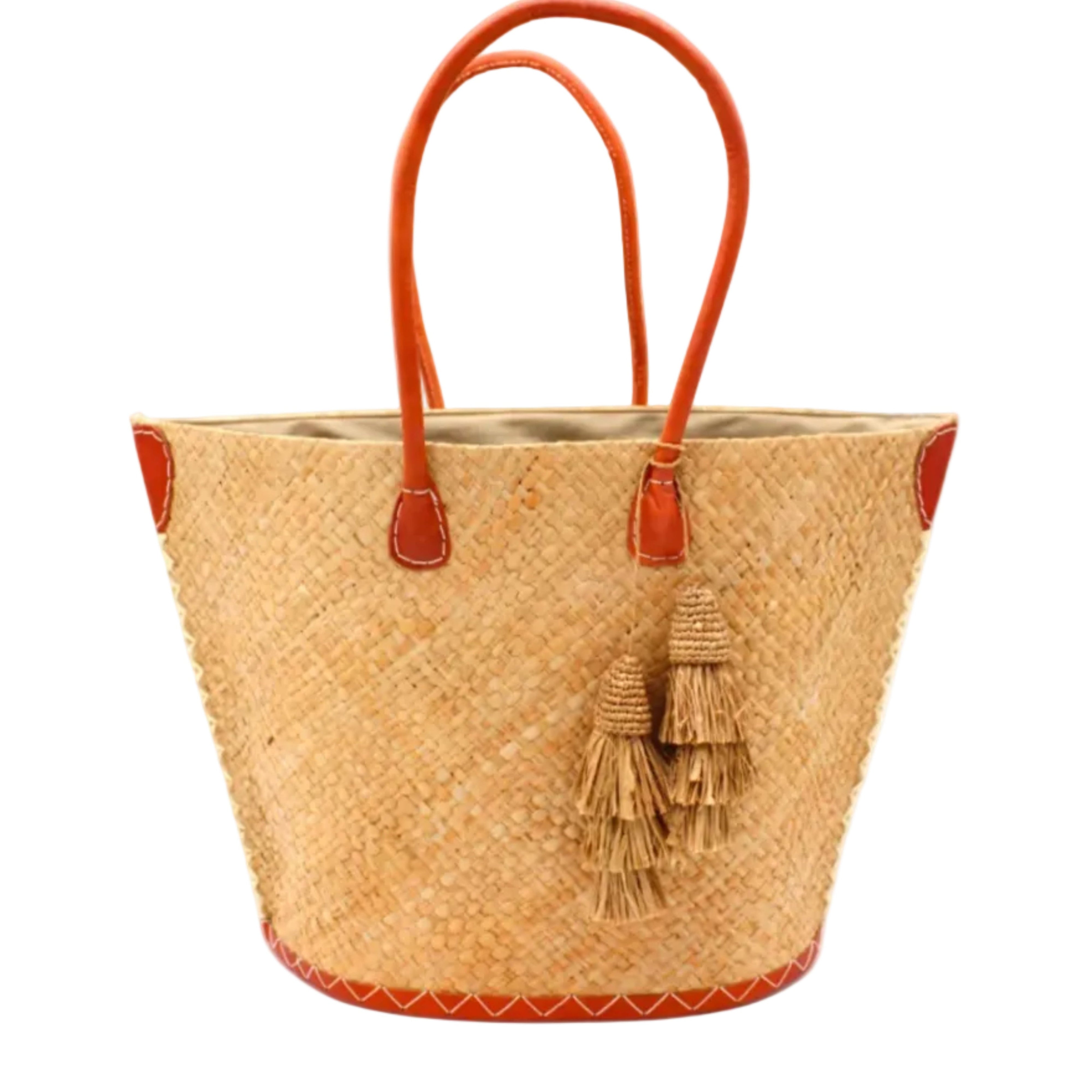 Santa Ynez Cappuccino Woven Small Straw Tote Bag with Tassel Charm Embellishment handmade woven raffia palm fiber in a solid hue of cappuccino tea/light/brown creating a subtle wide cross weave texture with matching crochet topped multi tuft tassel embellishment and leather handles shoulder bag beach bag - Shebobo
