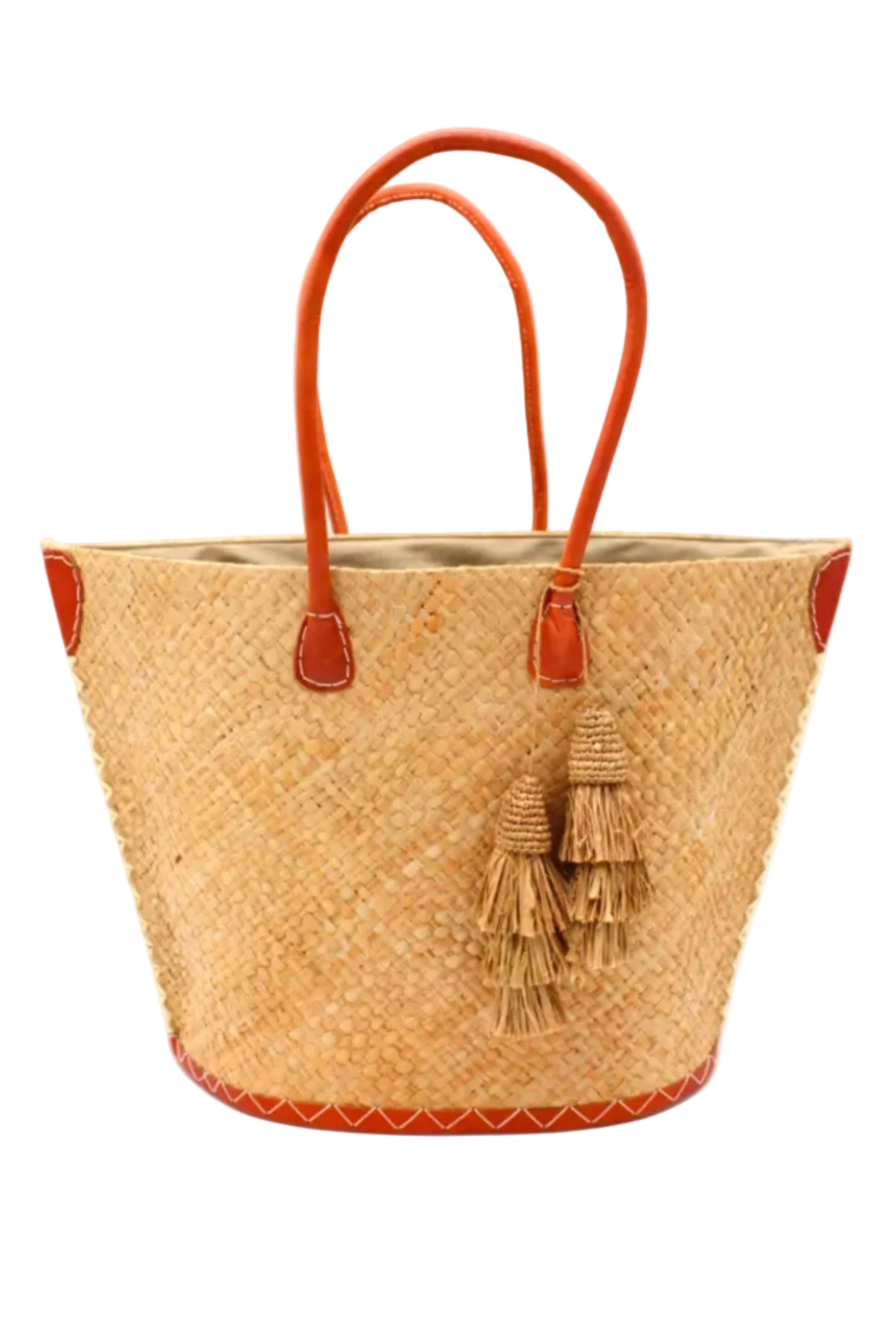 Santa Ynez Cappuccino Woven Small Straw Tote Bag with Tassel Charm Embellishment handmade woven raffia palm fiber in a solid hue of cappuccino tea/light/brown creating a subtle wide cross weave texture with matching crochet topped multi tuft tassel embellishment and leather handles shoulder bag beach bag - Shebobo