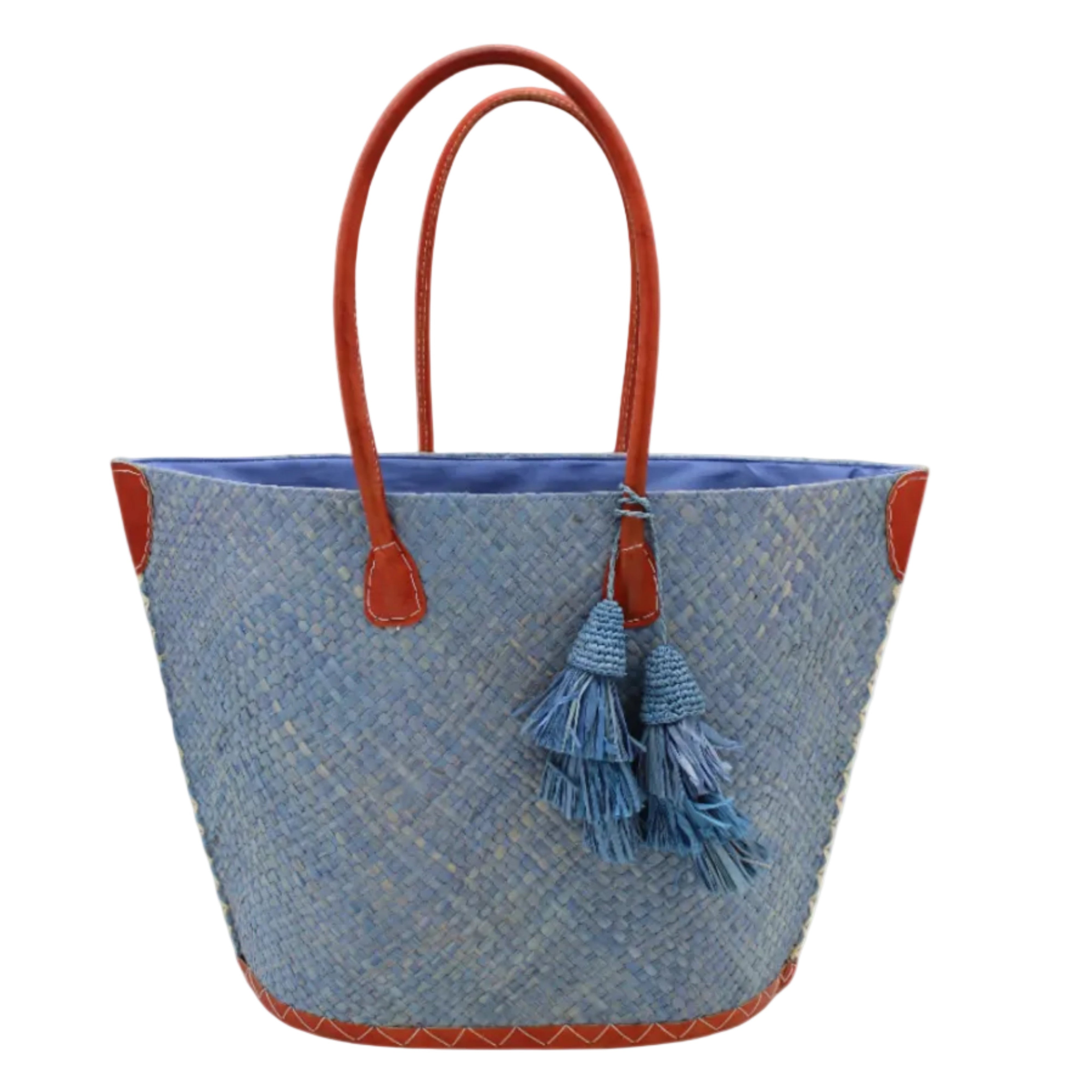 Santa Ynez Woven Small Straw Tote Bag with Tassel Charm Embellishment handmade woven raffia palm fiber in a solid hue of denim retro/light/blue with matching tassel tie charm embellishment and leather handles beach bag - Shebobo