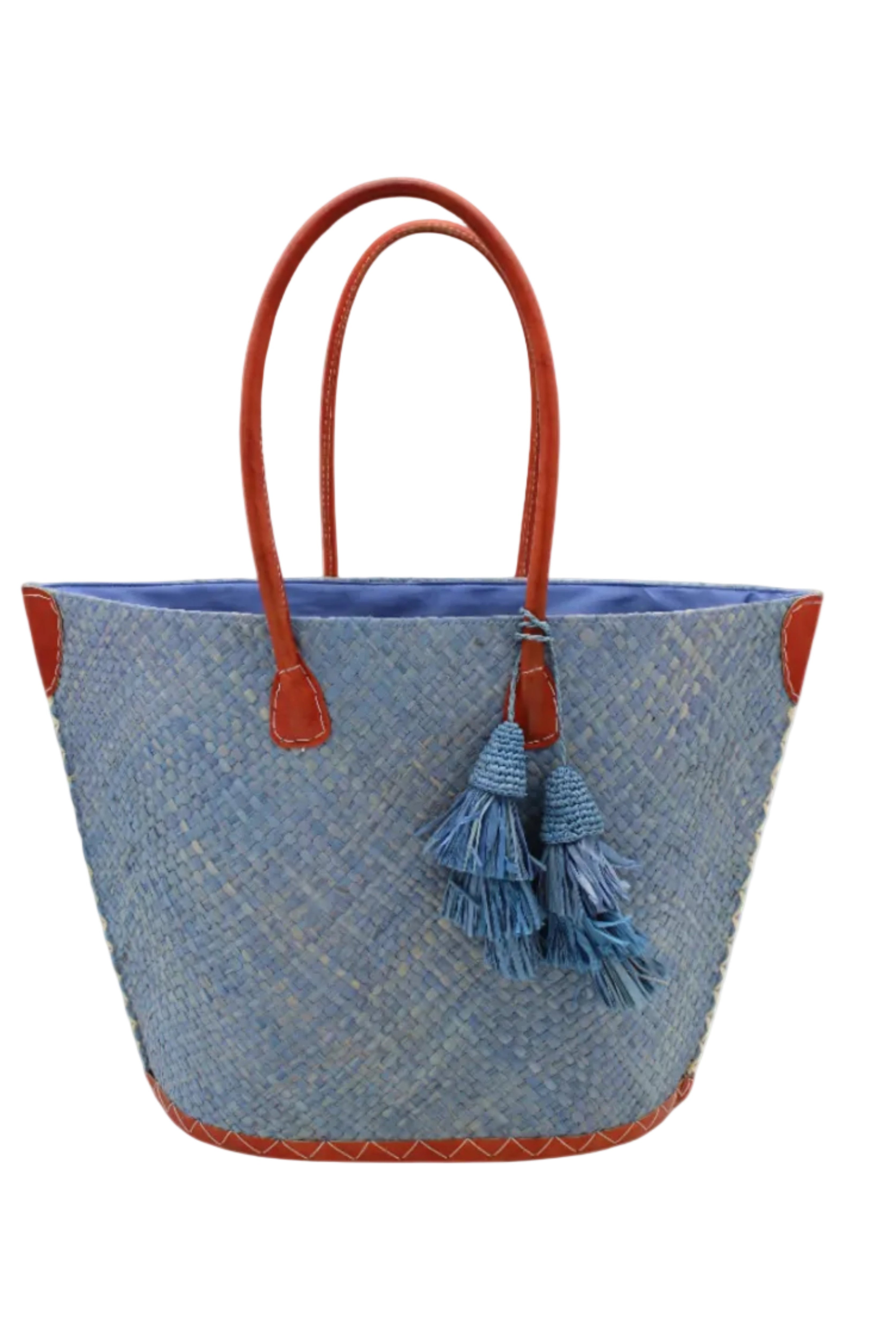 Santa Ynez Woven Small Straw Tote Bag with Tassel Charm Embellishment handmade woven raffia palm fiber in a solid hue of denim retro/light/blue with matching tassel tie charm embellishment and leather handles beach bag - Shebobo