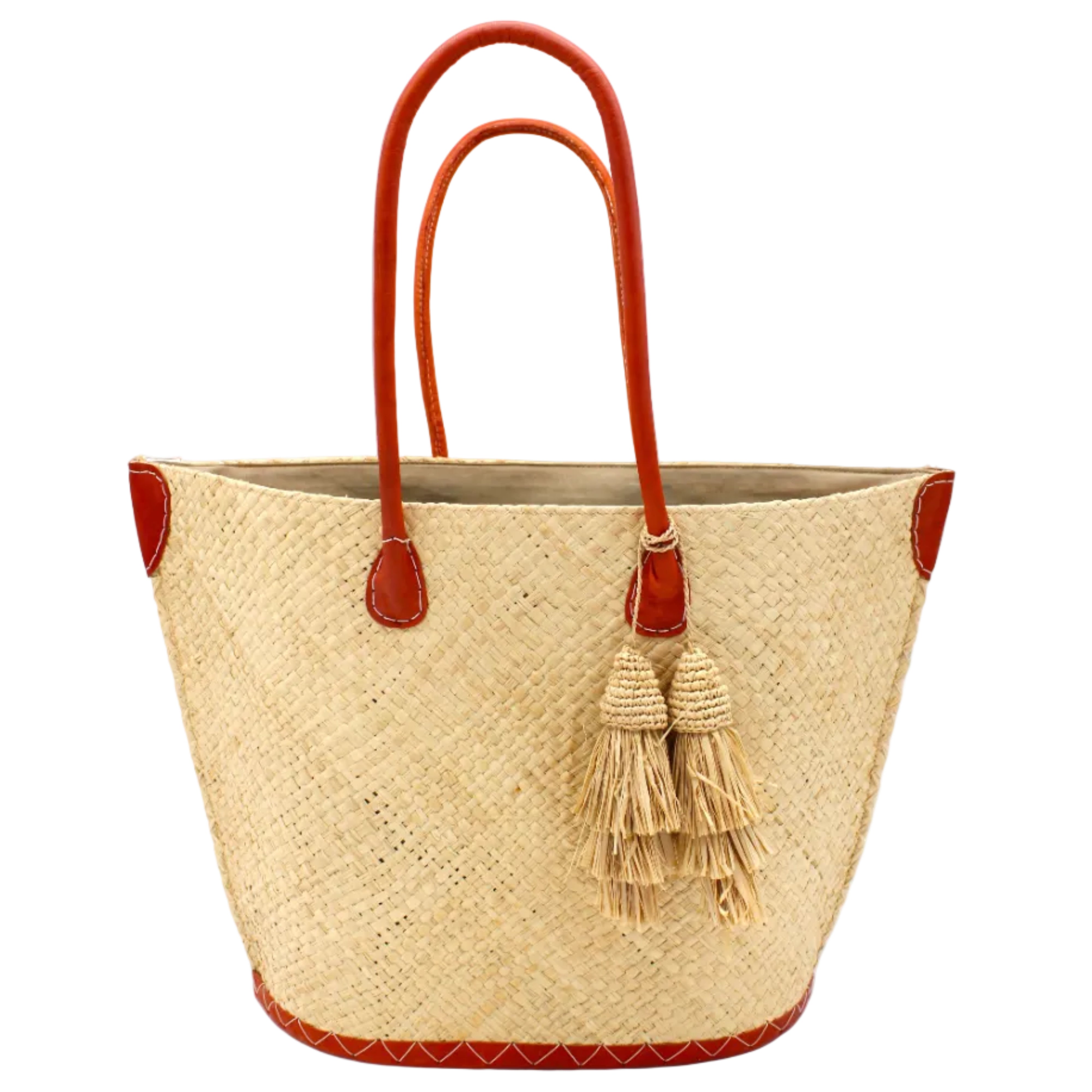 Santa Ynez Woven Small Straw Tote Bag with Tassel Charm Embellishment handmade woven raffia palm fiber in a solid hue of natural straw color with matching tassel tie charm embellishment and leather handles beach bag - Shebobo