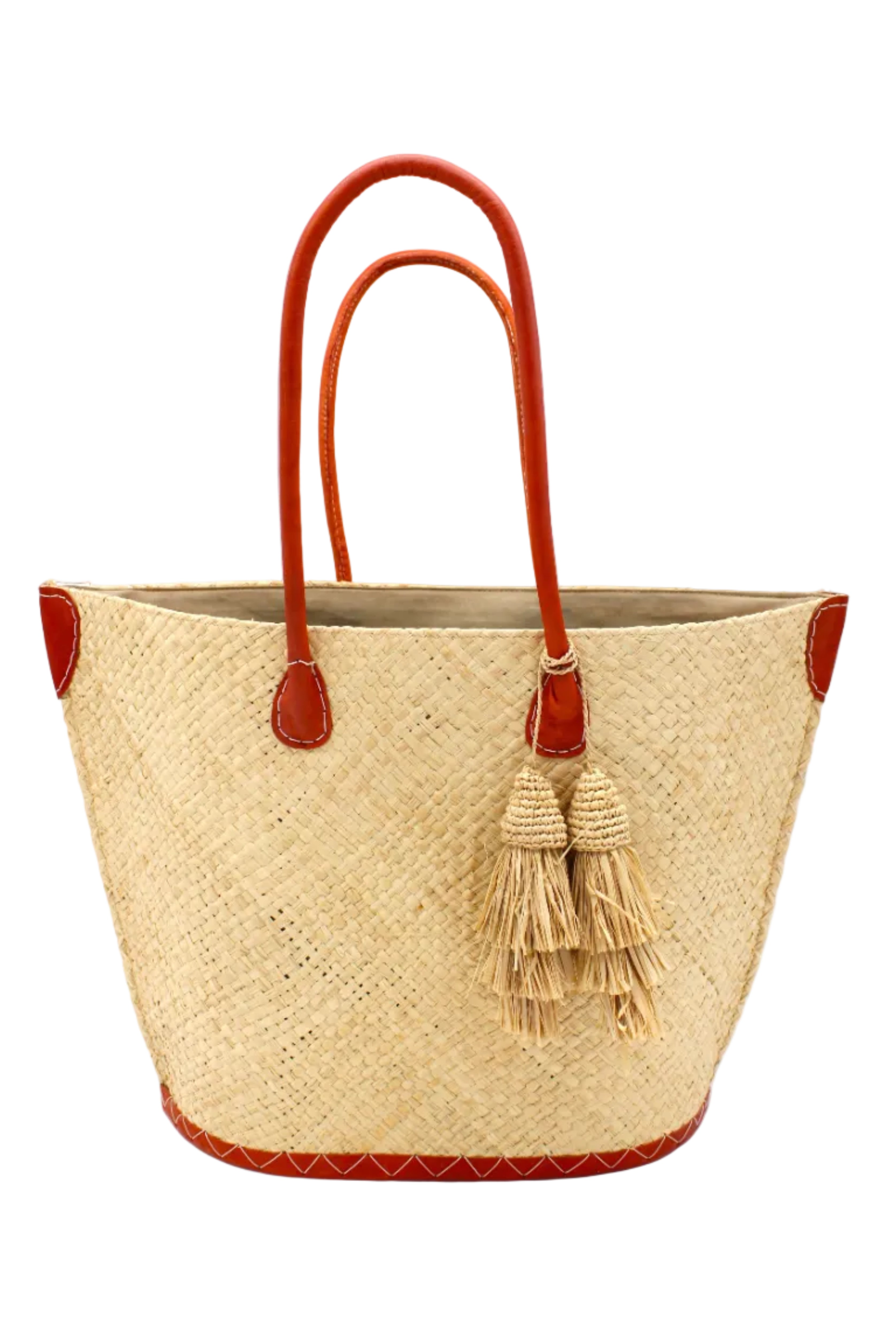 Santa Ynez Woven Small Straw Tote Bag with Tassel Charm Embellishment handmade woven raffia palm fiber in a solid hue of natural straw color with matching tassel tie charm embellishment and leather handles beach bag - Shebobo