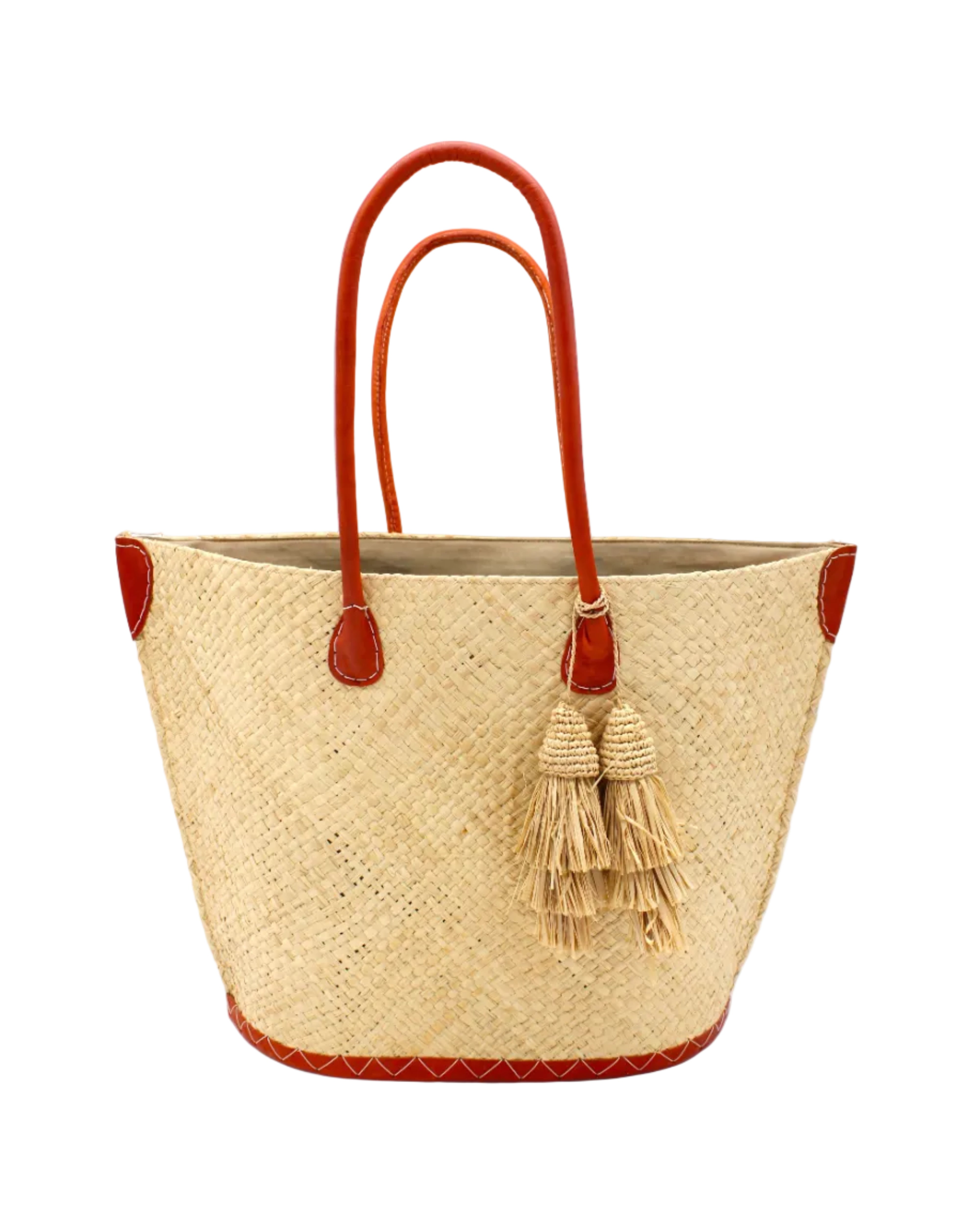 Santa Ynez Woven Small Straw Tote Bag with Tassel Charm Embellishment handmade woven raffia palm fiber in a solid hue of natural straw color with matching tassel tie charm embellishment and leather handles beach bag - Shebobo