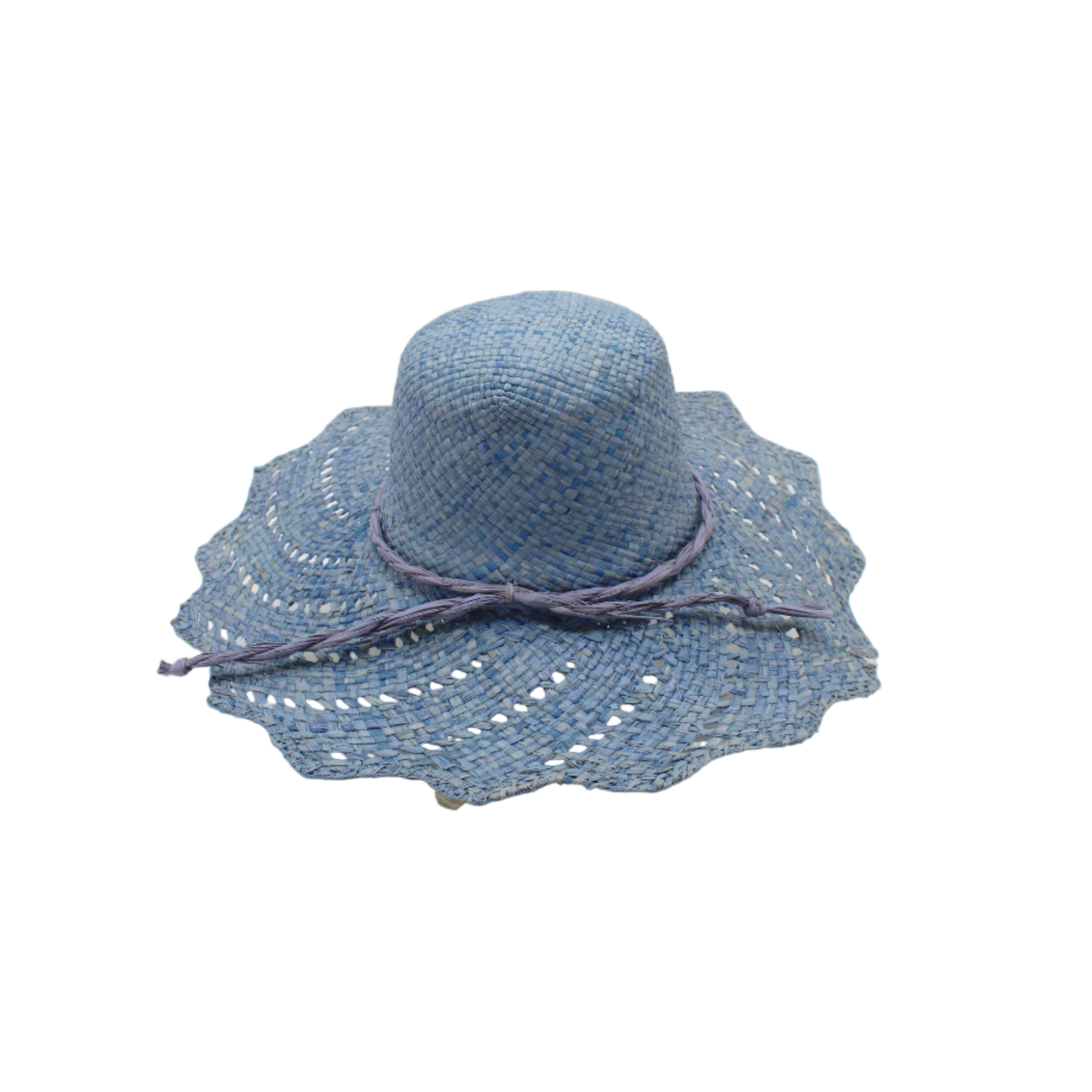 Sara 4.5" Brim Woven Straw Sun Hats with Zigzag Edge handmade natural raffia palm fiber in a solid hue of Denim retro/light/blue woven with a subtle crosshatch texture across the crown and spiraling open weave across the brim with matching hat band and zigzag edge - Shebobo