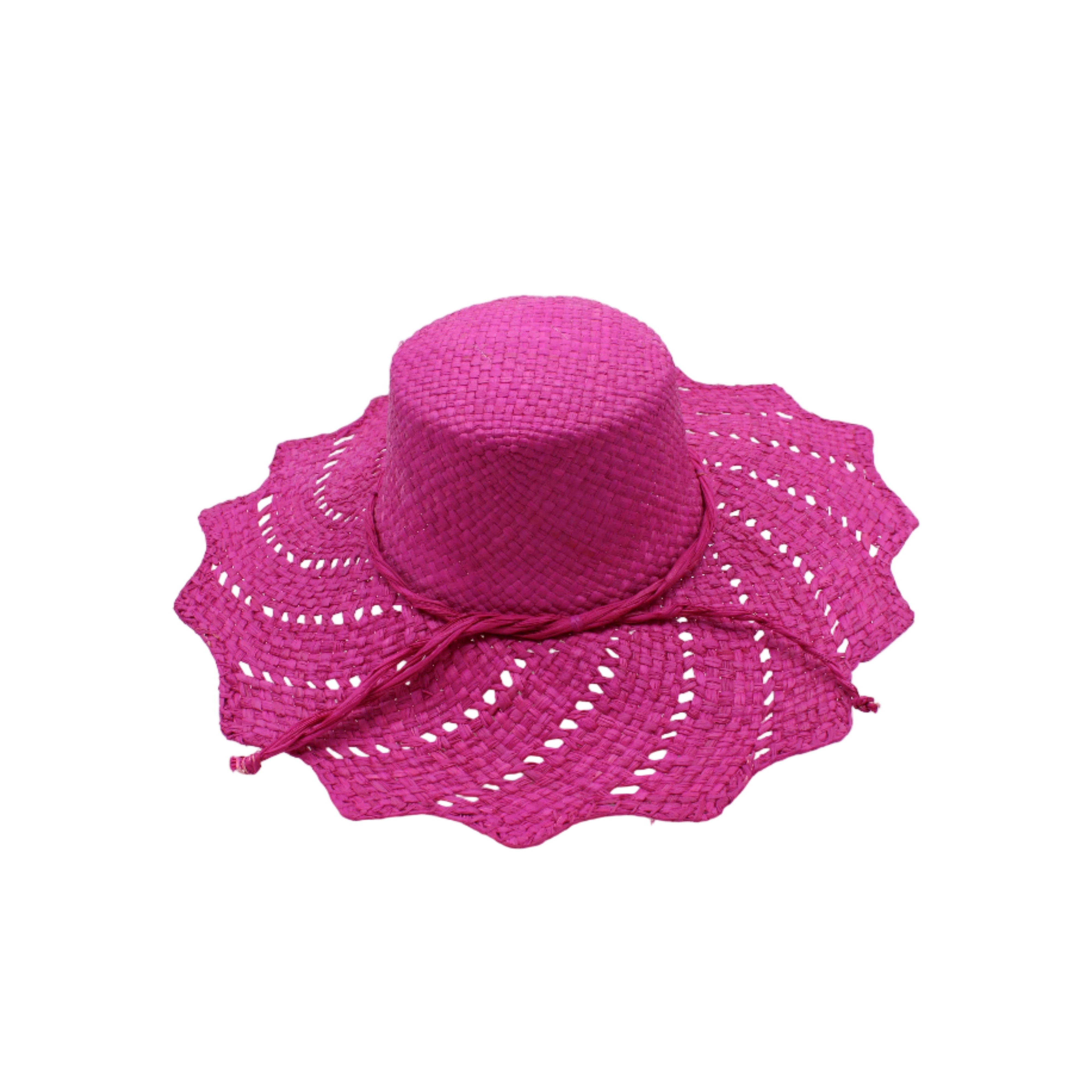 Sara 4.5" Brim Woven Straw Sun Hats with Zigzag Edge handmade natural raffia palm fiber in a solid hue of Fuchsia hot/bright/barbie/pink woven with a subtle crosshatch texture across the crown and spiraling open weave across the brim with matching hat band and zigzag edge - Shebobo