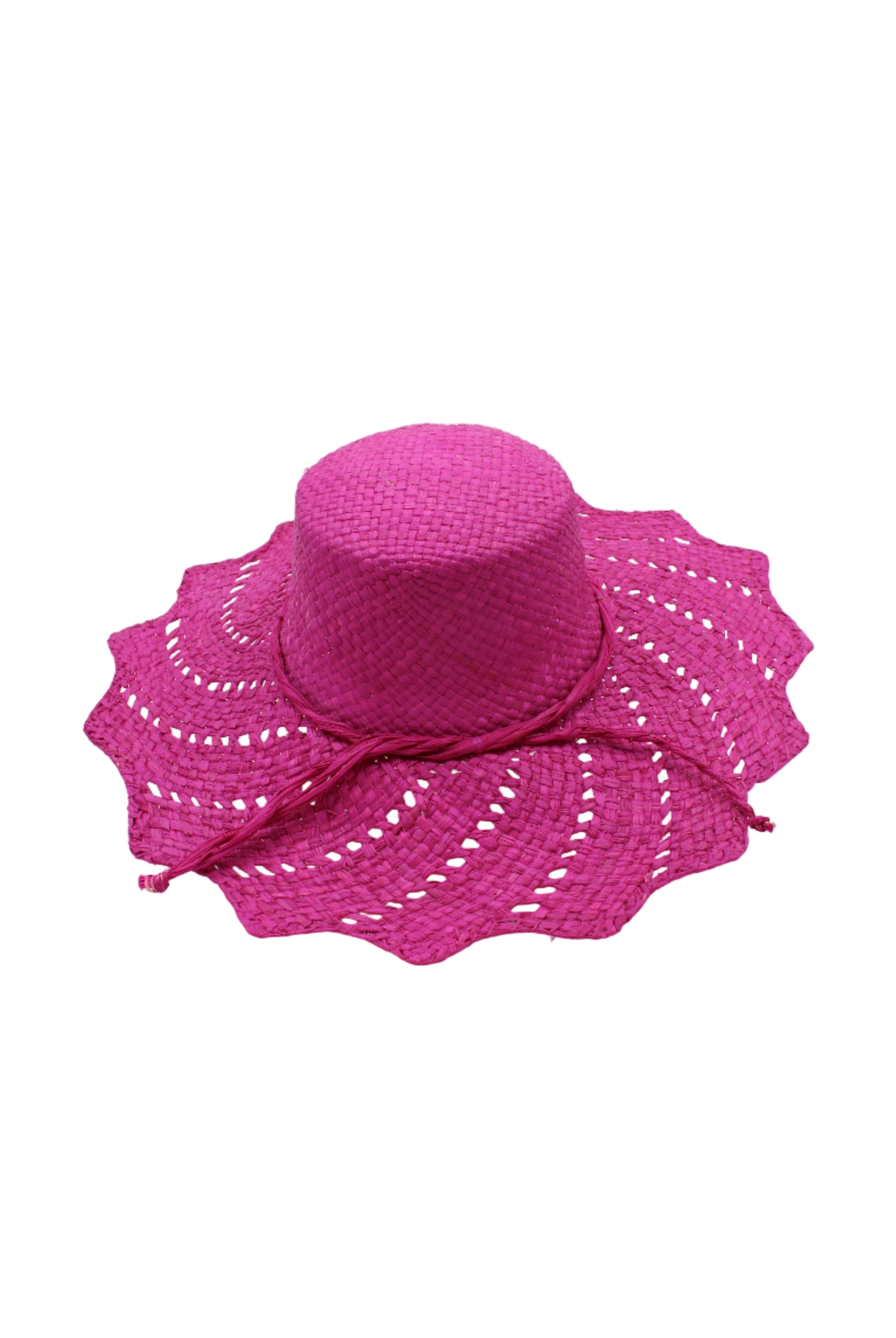 Sara 4.5" Brim Woven Straw Sun Hats with Zigzag Edge handmade natural raffia palm fiber in a solid hue of Fuchsia hot/bright/barbie/pink woven with a subtle crosshatch texture across the crown and spiraling open weave across the brim with matching hat band and zigzag edge - Shebobo