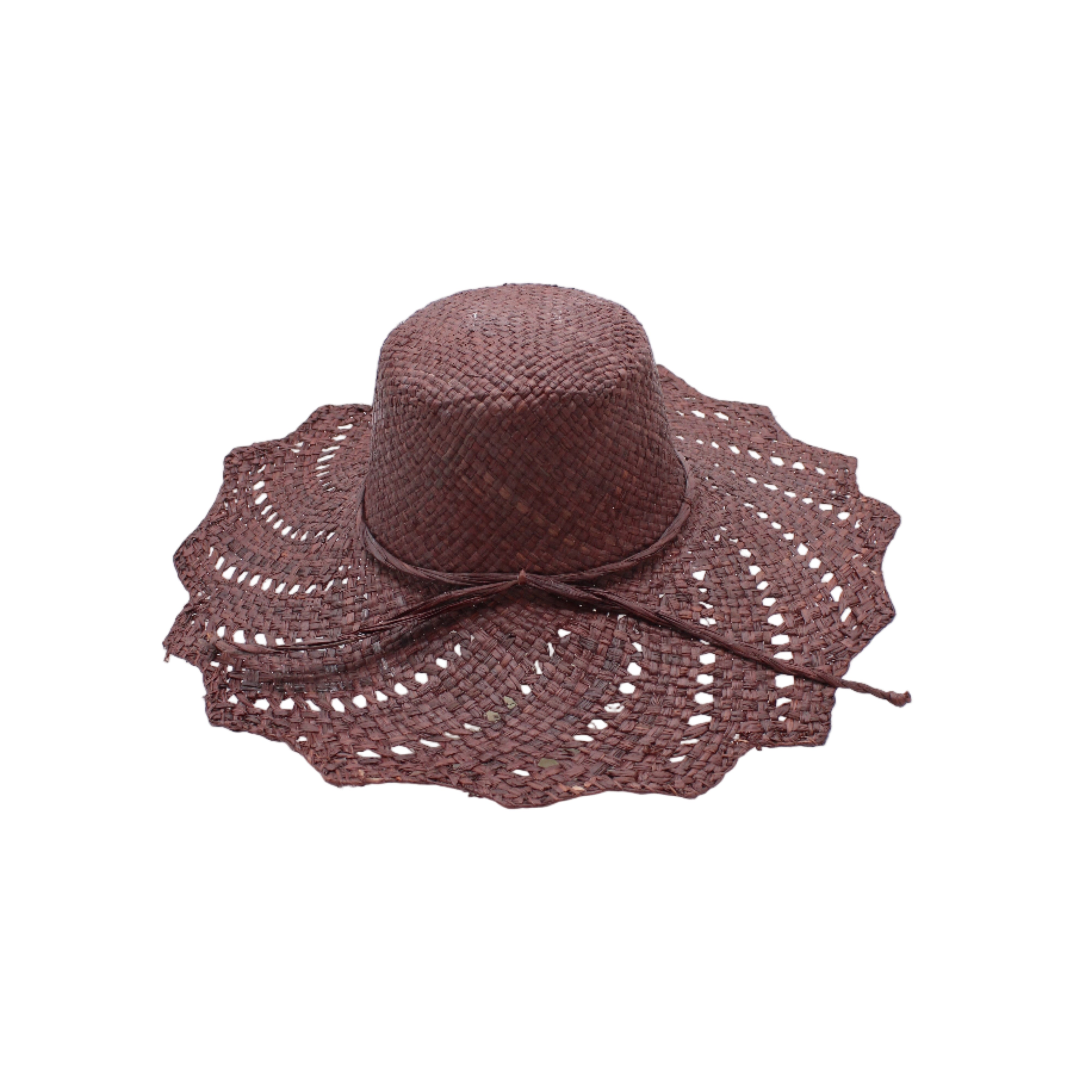 Sara 4.5" Brim Woven Straw Sun Hats with Zigzag Edge handmade natural raffia palm fiber in a solid hue of Mocha chocolate/dark/brown woven with a subtle crosshatch texture across the crown and spiraling open weave across the brim with matching hat band and zigzag edge - Shebobo