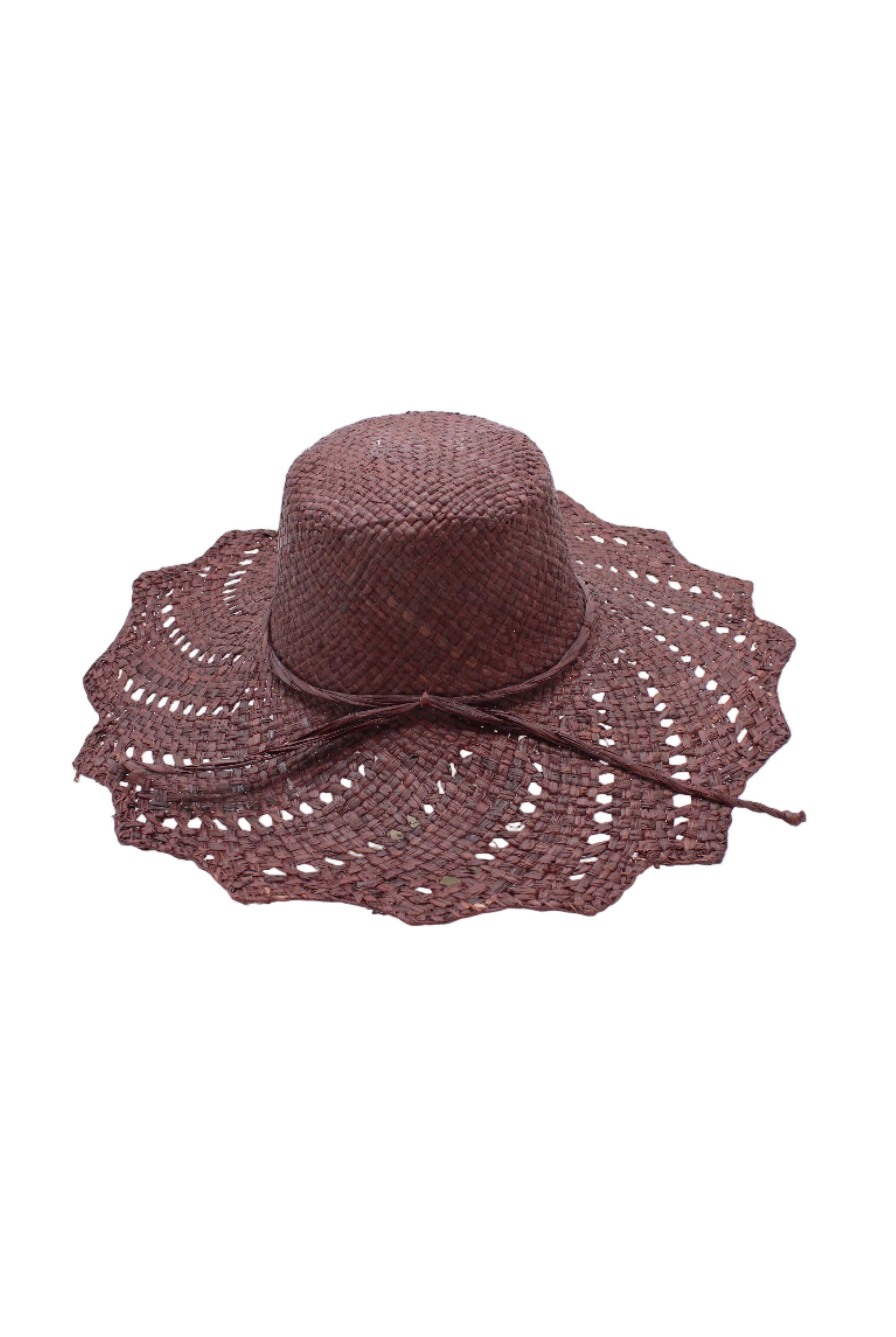 Sara 4.5" Brim Woven Straw Sun Hats with Zigzag Edge handmade natural raffia palm fiber in a solid hue of Mocha chocolate/dark/brown woven with a subtle crosshatch texture across the crown and spiraling open weave across the brim with matching hat band and zigzag edge - Shebobo