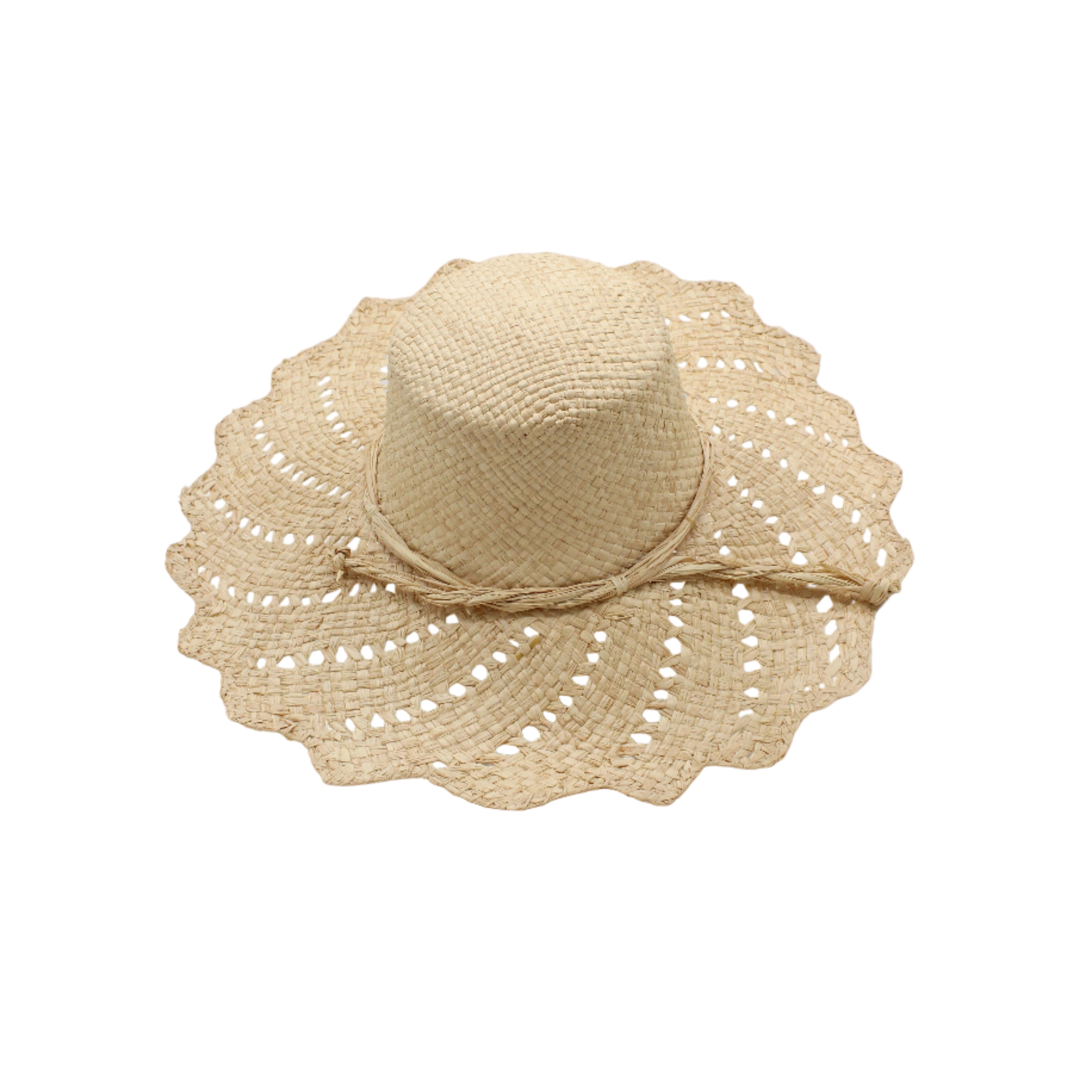 Sara 4.5" Brim Woven Straw Sun Hats with Zigzag Edge handmade natural raffia palm fiber in a solid hue of Natural straw color woven with a subtle crosshatch texture across the crown and spiraling open weave across the brim with matching hat band and zigzag edge - Shebobo