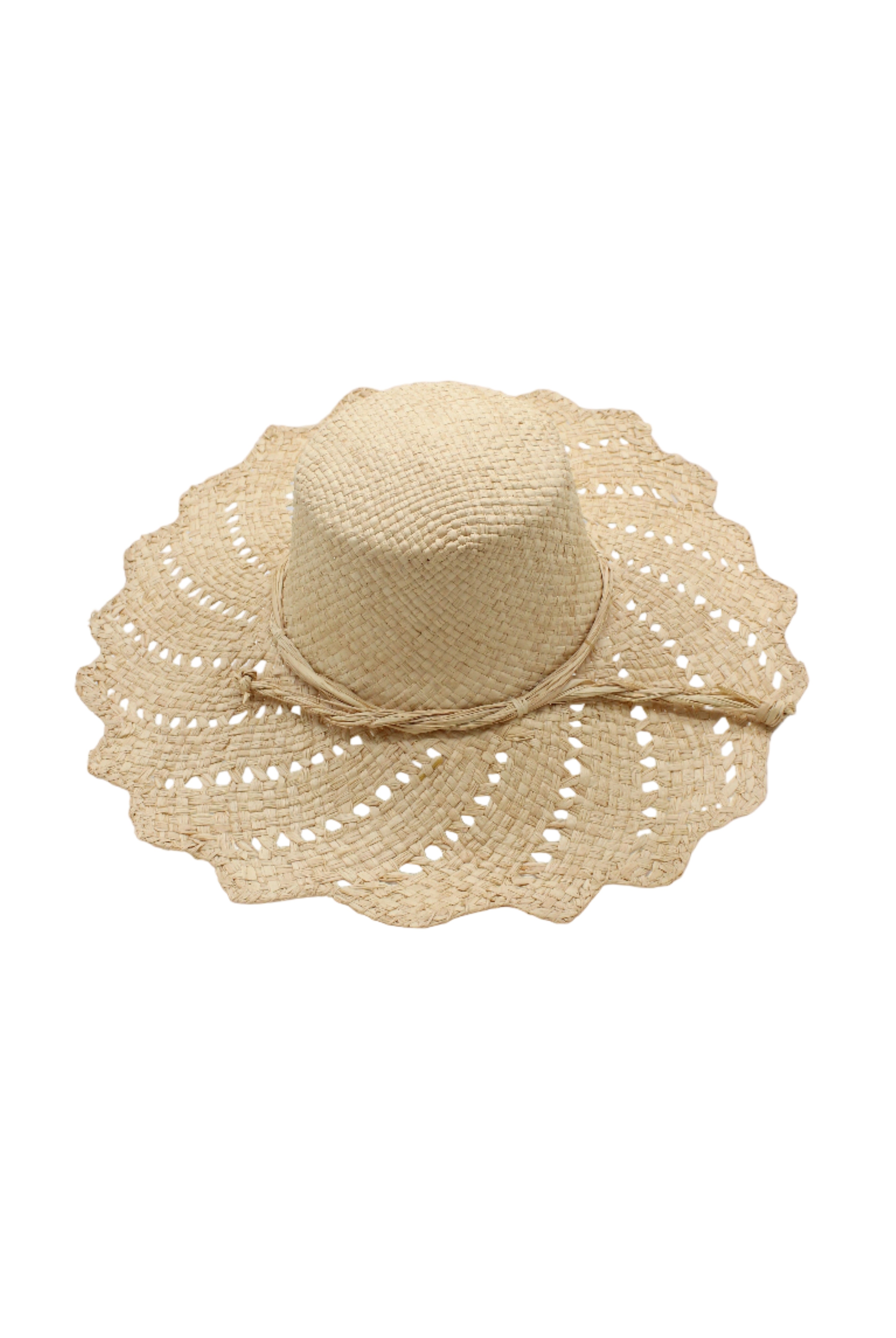 Sara 4.5" Brim Woven Straw Sun Hats with Zigzag Edge handmade natural raffia palm fiber in a solid hue of Natural straw color woven with a subtle crosshatch texture across the crown and spiraling open weave across the brim with matching hat band and zigzag edge - Shebobo