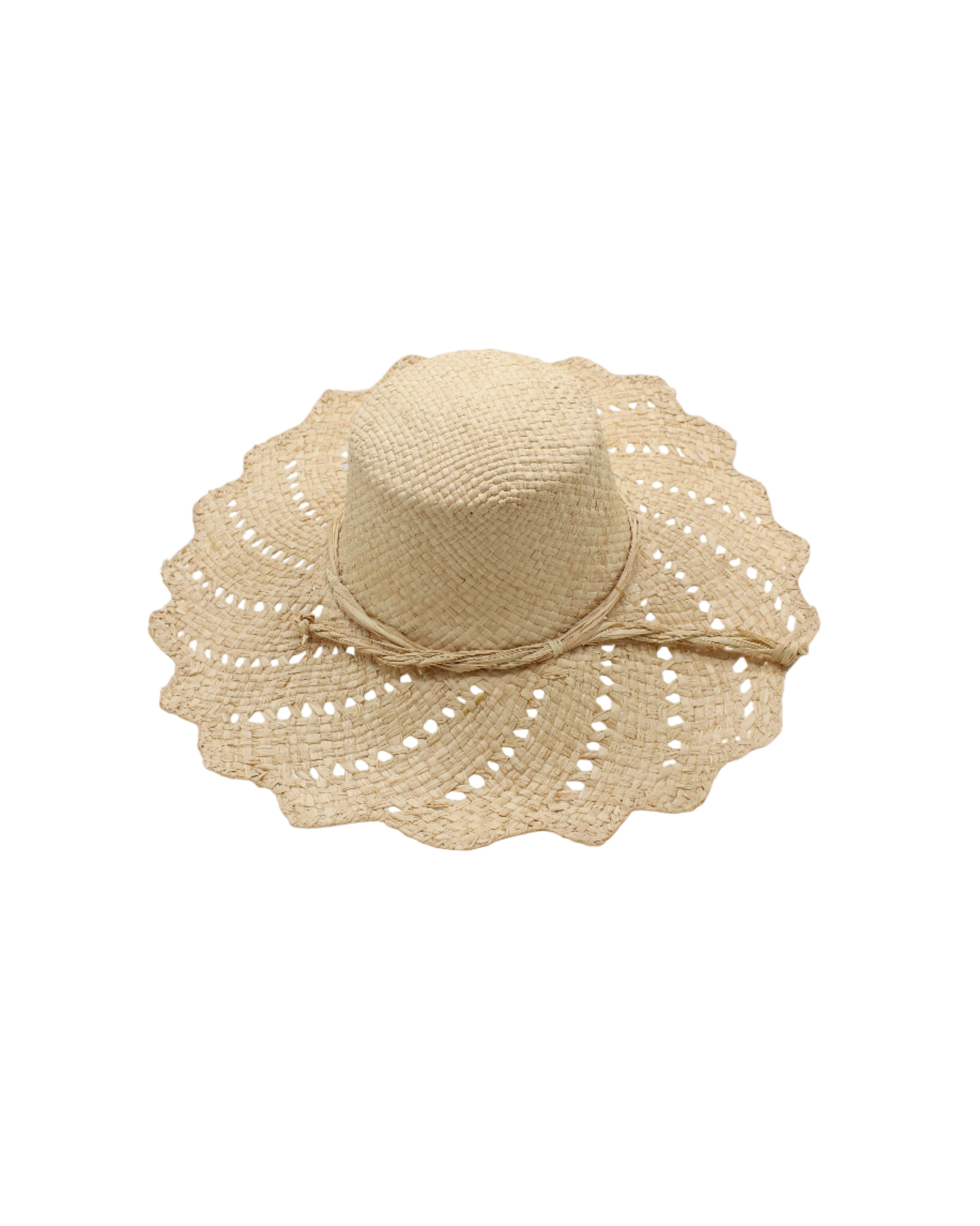 Sara 4.5" Brim Woven Straw Sun Hats with Zigzag Edge handmade natural raffia palm fiber in a solid hue of Natural straw color woven with a subtle crosshatch texture across the crown and spiraling open weave across the brim with matching hat band and zigzag edge - Shebobo