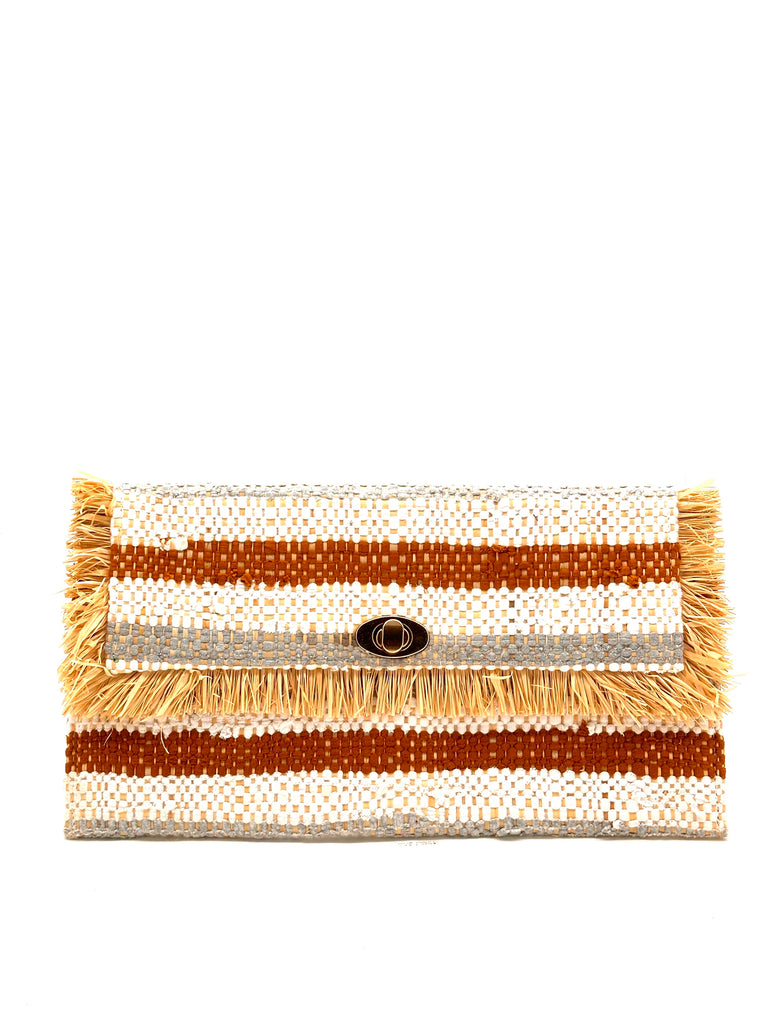 Sasha Grey Multi Recycled Cotton Clutch with Raw Fringe Edge handmade woven dyed recycled cotton and natural raffia palm fiber in multicolor horizontal stripe pattern of cinnamon/tobacco/brown, white, and grey with raffia fringe trim edge embellishment - Shebobo