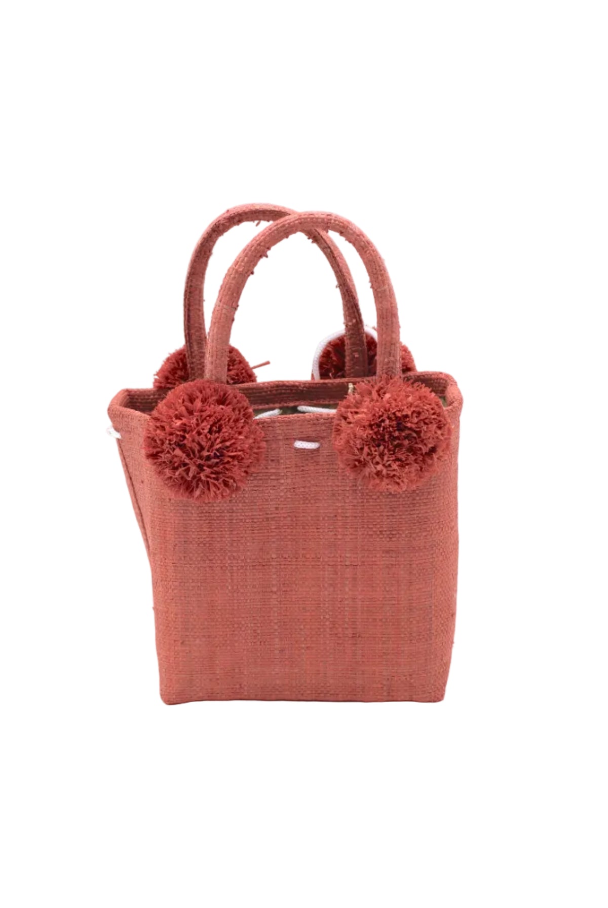 Schooner Straw Mini Bag with Pompom Accent handmade loomed natural raffia palm fiber in a solid hue of Blush orange/pink with four matching raffia pompom embellishments at the base of each handle attachment tiny purse extra small handbag - Shebobo