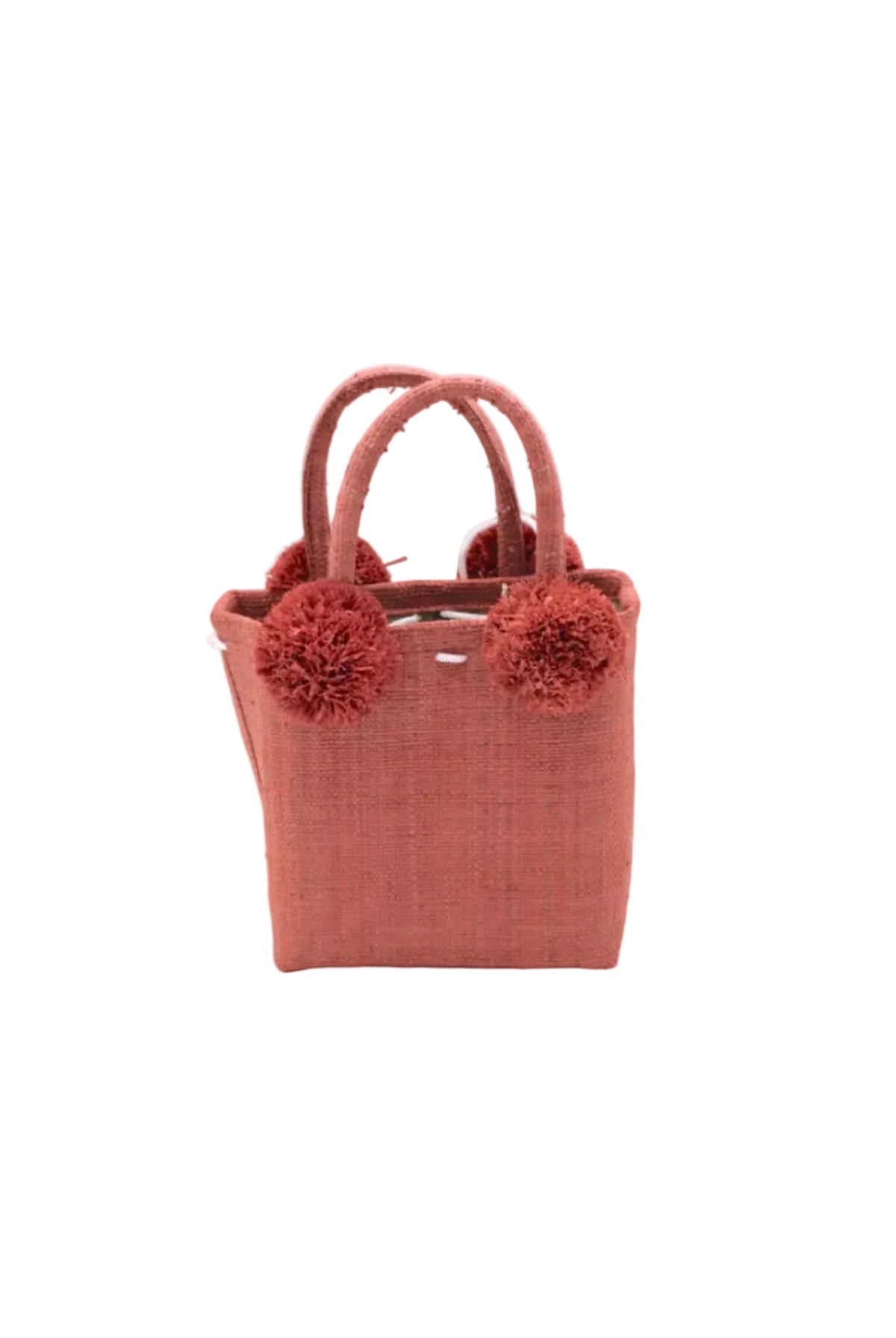 Schooner Straw Mini Bag with Pompom Accent handmade loomed natural raffia palm fiber in a solid hue of Blush orange/pink with four matching raffia pompom embellishments at the base of each handle attachment tiny purse extra small handbag - Shebobo