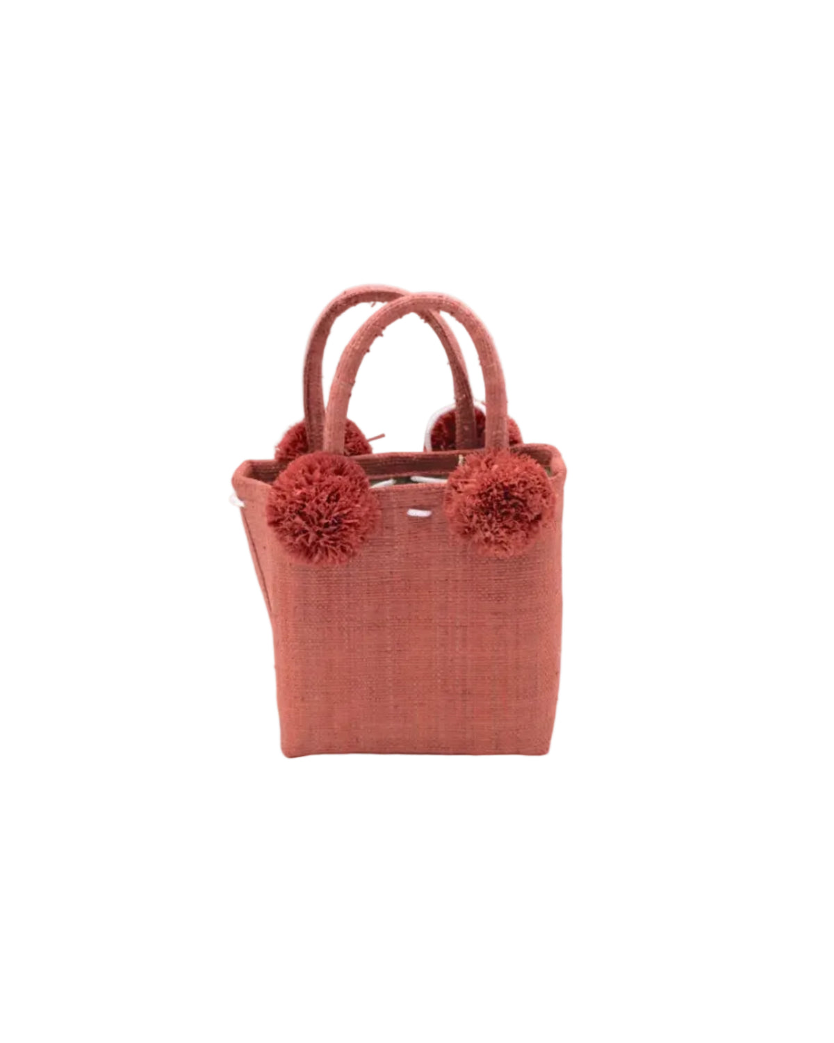 Schooner Straw Mini Bag with Pompom Accent handmade loomed natural raffia palm fiber in a solid hue of Blush orange/pink with four matching raffia pompom embellishments at the base of each handle attachment tiny purse extra small handbag - Shebobo
