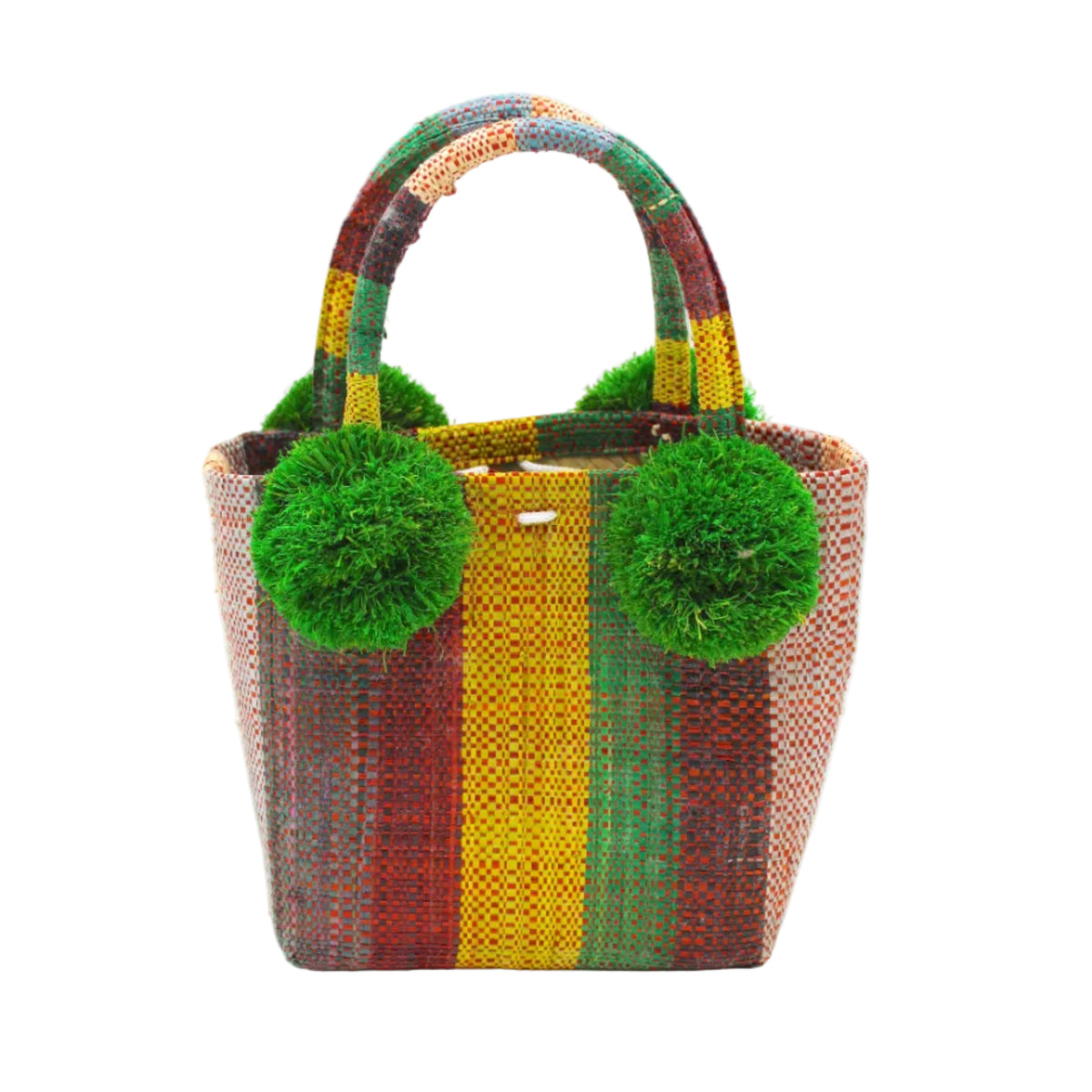 Schooner Denim & Whisky Swirl Stripe Straw Mini Bag with Pompom Accent handmade loomed natural raffia palm fiber in multi width vertical multicolor stripe pattern of denim light/blue, yellow, rey, whisky caramel/red/brown, black, and natural straw color with four matching raffia pompom embellishments at the base of each handle attachment tiny purse extra small handbag - Shebobo