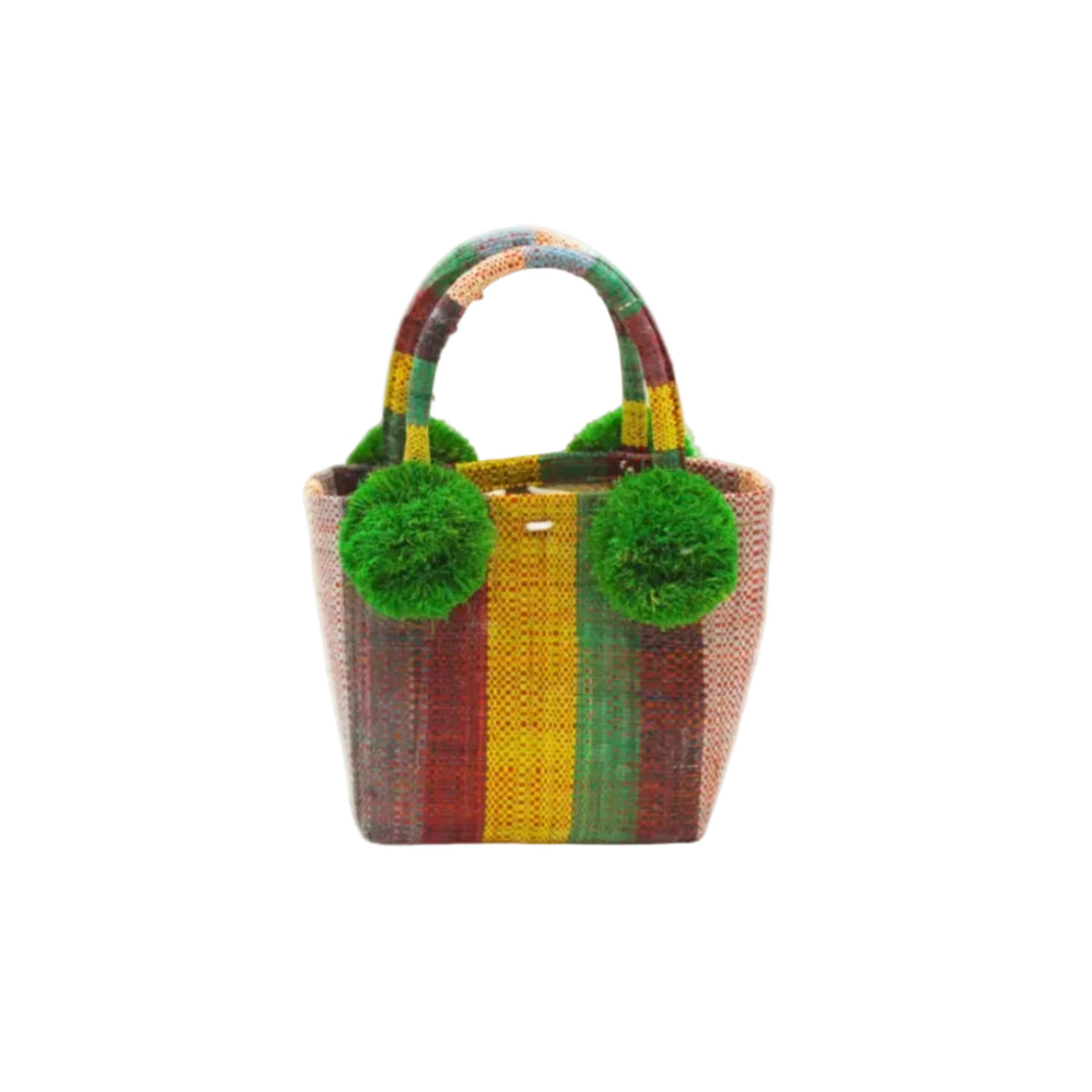 Schooner Denim & Whisky Swirl Stripe Straw Mini Bag with Pompom Accent handmade loomed natural raffia palm fiber in multi width vertical multicolor stripe pattern of denim light/blue, yellow, rey, whisky caramel/red/brown, black, and natural straw color with four matching raffia pompom embellishments at the base of each handle attachment tiny purse extra small handbag - Shebobo