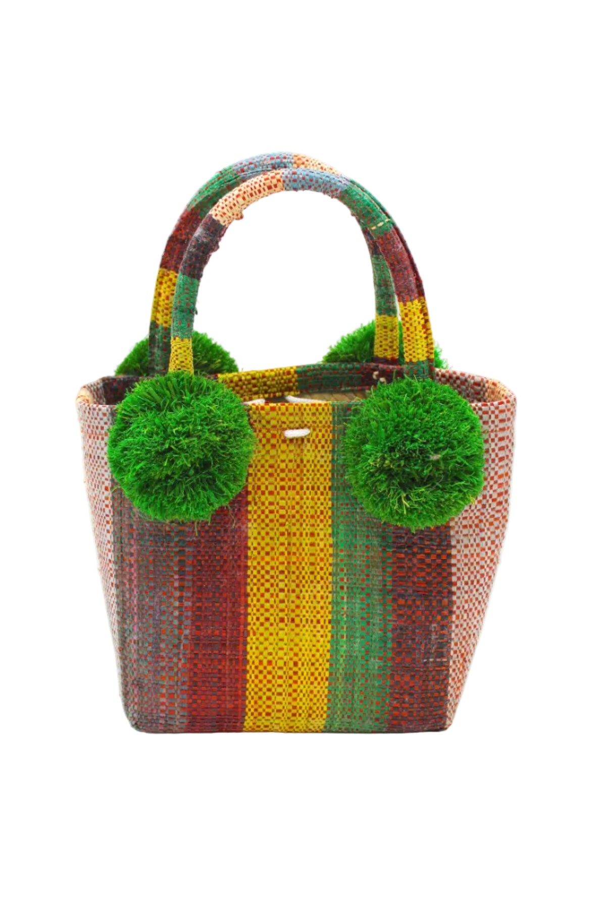 Schooner Denim & Whisky Swirl Stripe Straw Mini Bag with Pompom Accent handmade loomed natural raffia palm fiber in multi width vertical multicolor stripe pattern of denim light/blue, yellow, rey, whisky caramel/red/brown, black, and natural straw color with four matching raffia pompom embellishments at the base of each handle attachment tiny purse extra small handbag - Shebobo
