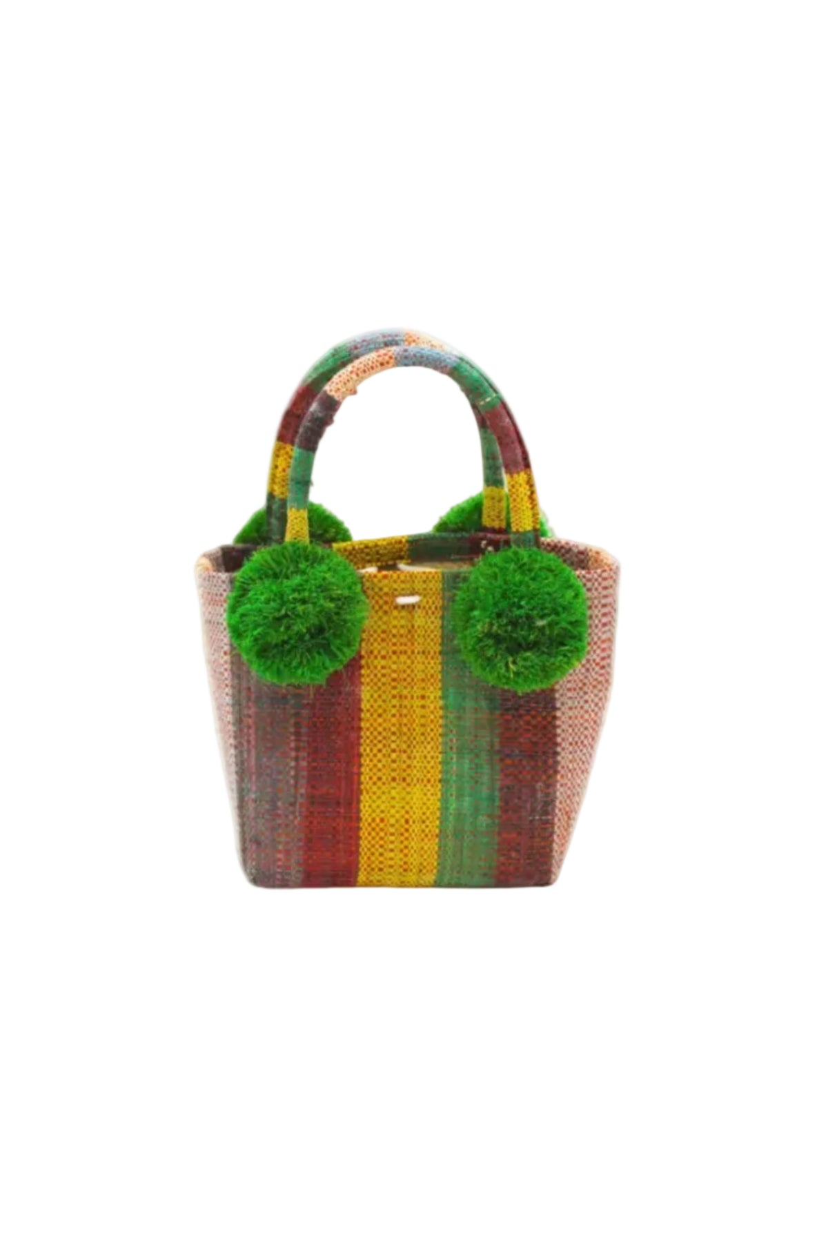 Schooner Denim & Whisky Swirl Stripe Straw Mini Bag with Pompom Accent handmade loomed natural raffia palm fiber in multi width vertical multicolor stripe pattern of denim light/blue, yellow, rey, whisky caramel/red/brown, black, and natural straw color with four matching raffia pompom embellishments at the base of each handle attachment tiny purse extra small handbag - Shebobo