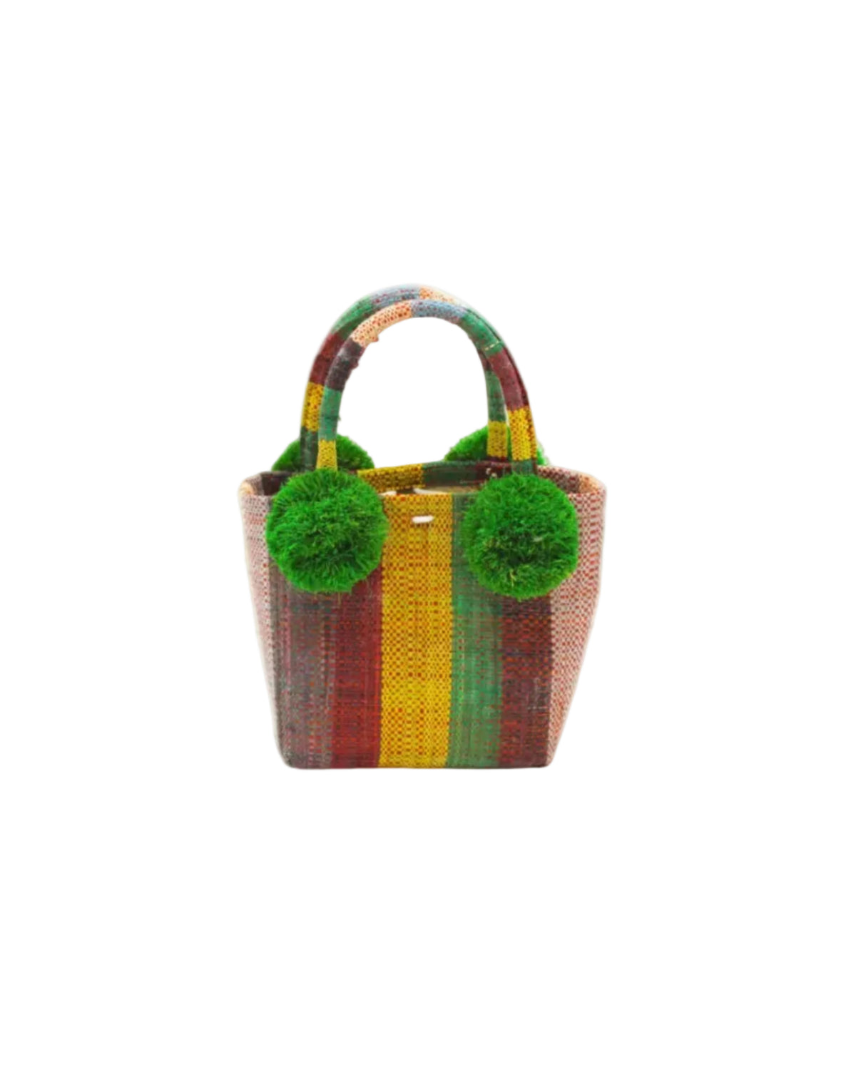 Schooner Denim & Whisky Swirl Stripe Straw Mini Bag with Pompom Accent handmade loomed natural raffia palm fiber in multi width vertical multicolor stripe pattern of denim light/blue, yellow, rey, whisky caramel/red/brown, black, and natural straw color with four matching raffia pompom embellishments at the base of each handle attachment tiny purse extra small handbag - Shebobo