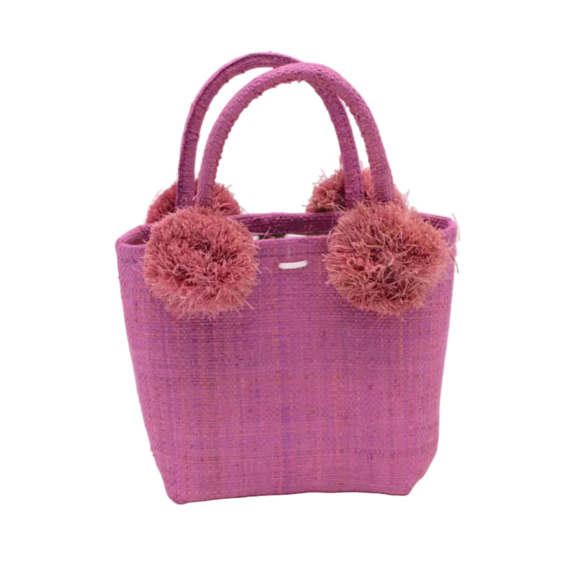 Schooner Straw Mini Bag with Pompom Accent handmade loomed natural raffia palm fiber in a solid hue of Lilas lilac/wisteria/light/purple with four matching raffia pompom embellishments at the base of each handle attachment tiny purse extra small handbag - Shebobo