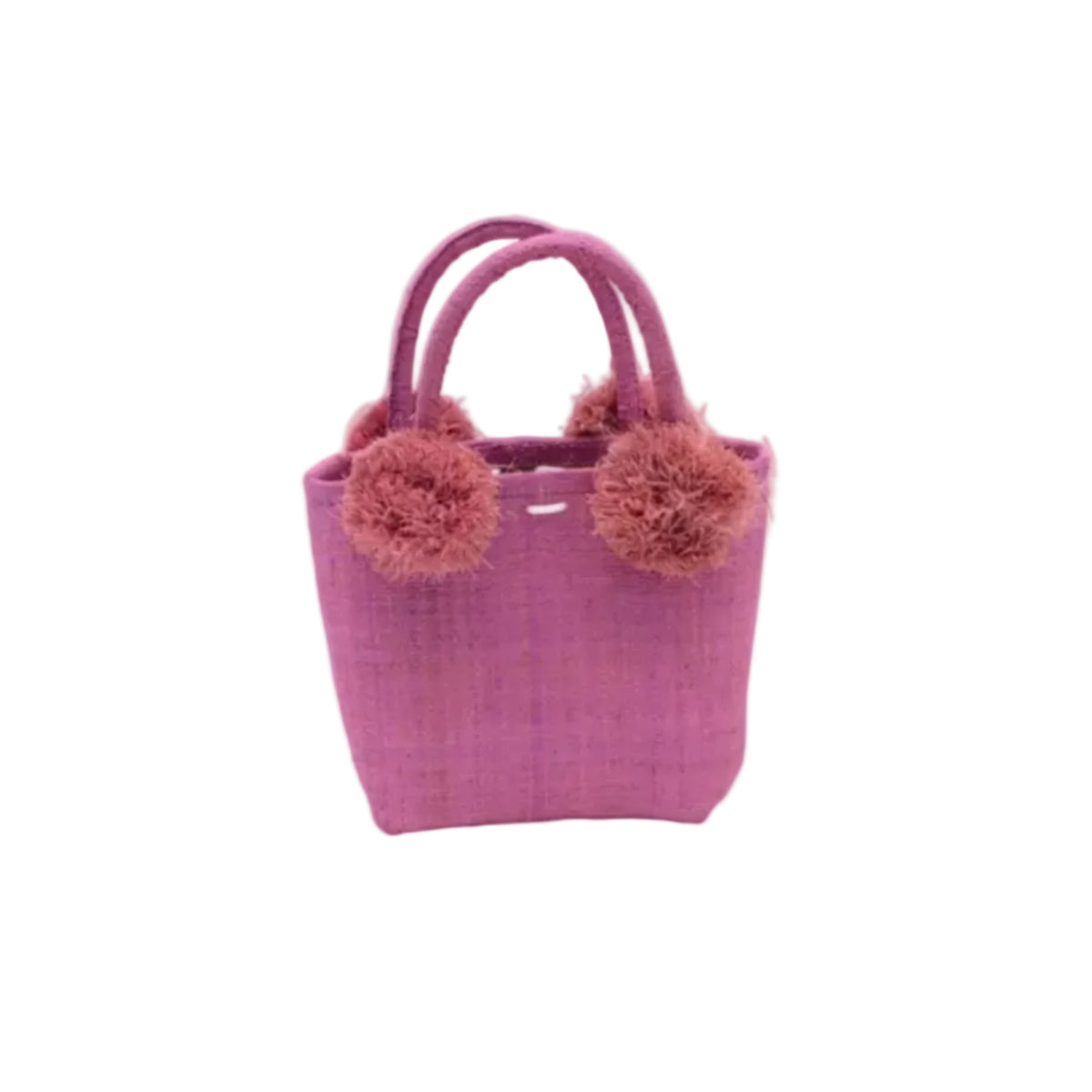 Schooner Straw Mini Bag with Pompom Accent handmade loomed natural raffia palm fiber in a solid hue of Lilas lilac/wisteria/light/purple with four matching raffia pompom embellishments at the base of each handle attachment tiny purse extra small handbag - Shebobo