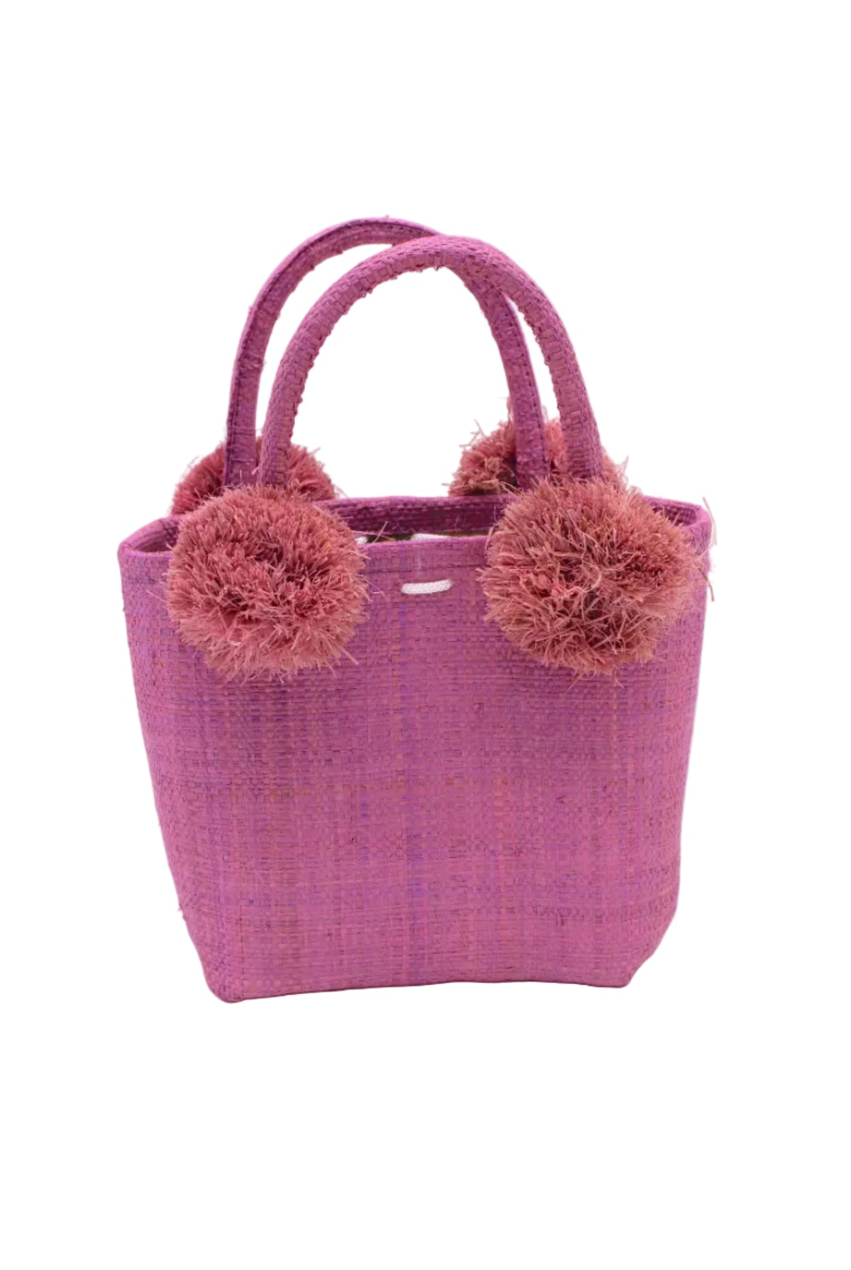 Schooner Straw Mini Bag with Pompom Accent handmade loomed natural raffia palm fiber in a solid hue of Lilas lilac/wisteria/light/purple with four matching raffia pompom embellishments at the base of each handle attachment tiny purse extra small handbag - Shebobo