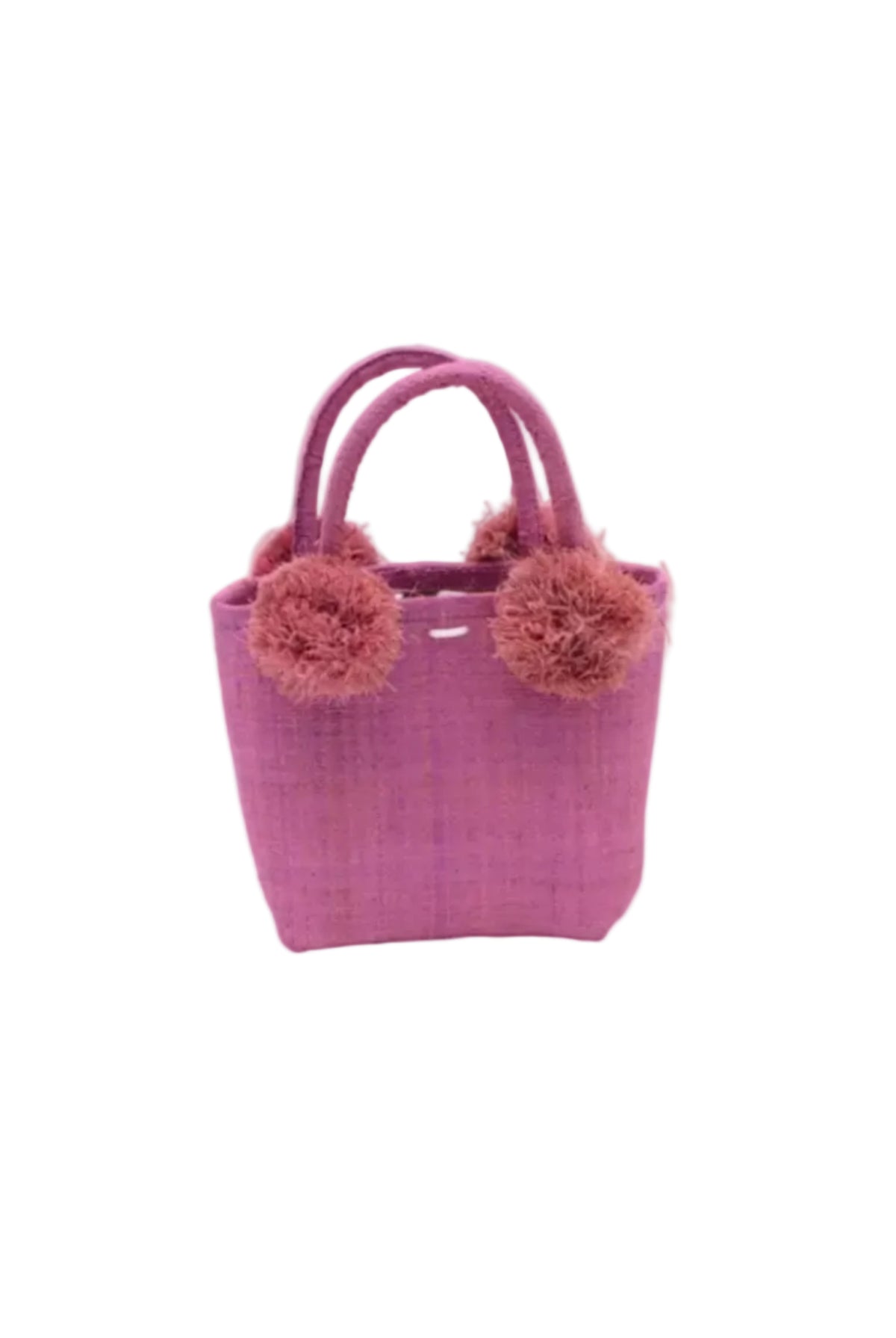 Schooner Straw Mini Bag with Pompom Accent handmade loomed natural raffia palm fiber in a solid hue of Lilas lilac/wisteria/light/purple with four matching raffia pompom embellishments at the base of each handle attachment tiny purse extra small handbag - Shebobo
