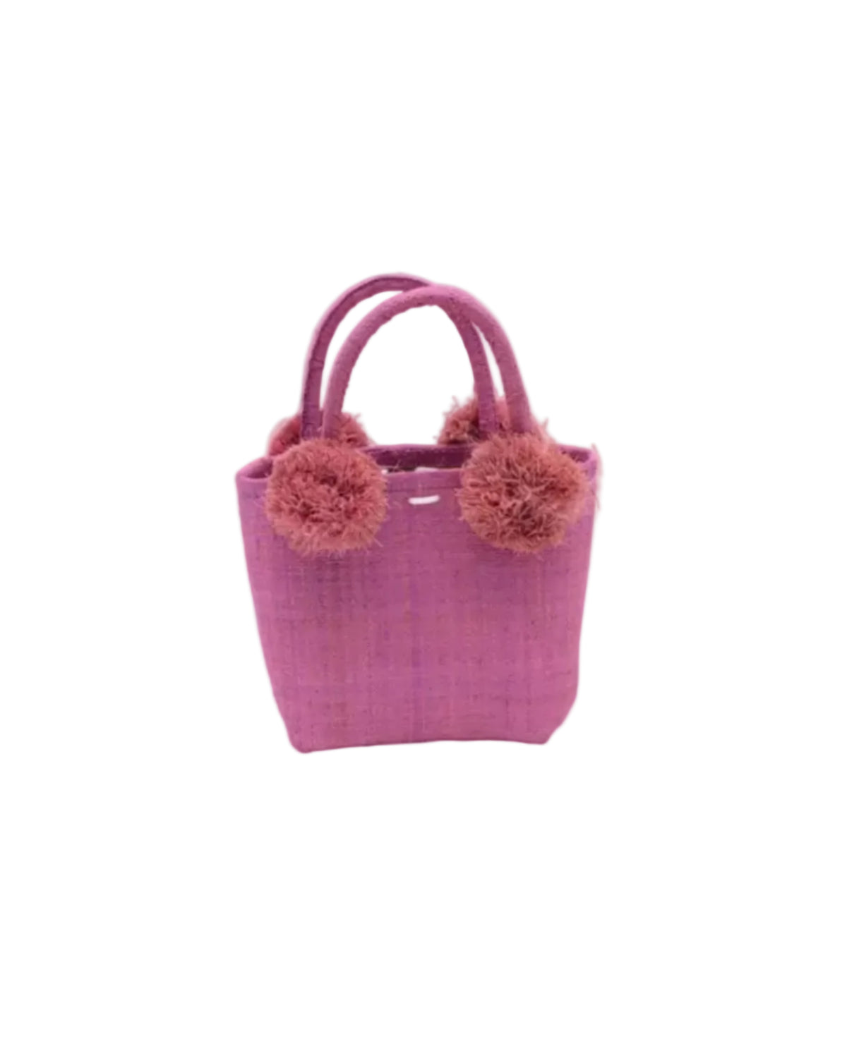 Schooner Straw Mini Bag with Pompom Accent handmade loomed natural raffia palm fiber in a solid hue of Lilas lilac/wisteria/light/purple with four matching raffia pompom embellishments at the base of each handle attachment tiny purse extra small handbag - Shebobo