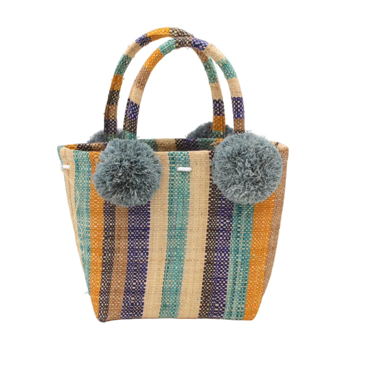Schooner Olive & Blue Swirl Stripe Straw Mini Bag with Pompom Accent handmade loomed natural raffia palm fiber in multi width vertical multicolor stripe pattern of olive green, denim light/blue, turquoise blue, navy/dark/blue, black, cappuccino light/brown, saffron yellow/orange, and natural straw color with four matching raffia pompom embellishments at the base of each handle attachment tiny purse extra small handbag - Shebobo