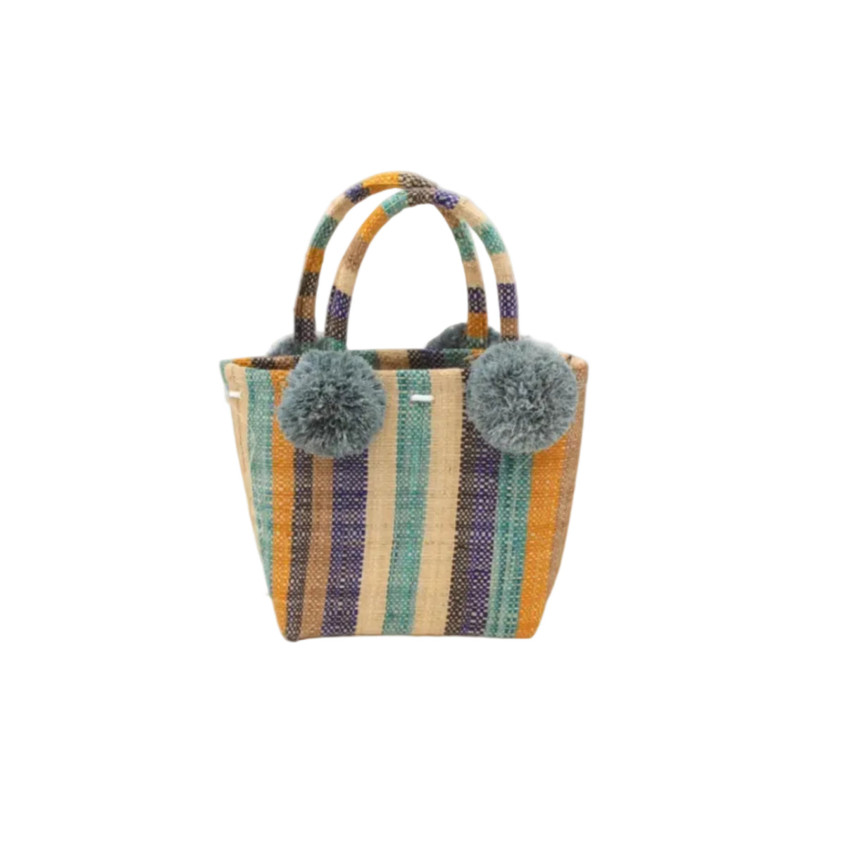 Schooner Olive & Blue Swirl Stripe Straw Mini Bag with Pompom Accent handmade loomed natural raffia palm fiber in multi width vertical multicolor stripe pattern of olive green, denim light/blue, turquoise blue, navy/dark/blue, black, cappuccino light/brown, saffron yellow/orange, and natural straw color with four matching raffia pompom embellishments at the base of each handle attachment tiny purse extra small handbag - Shebobo